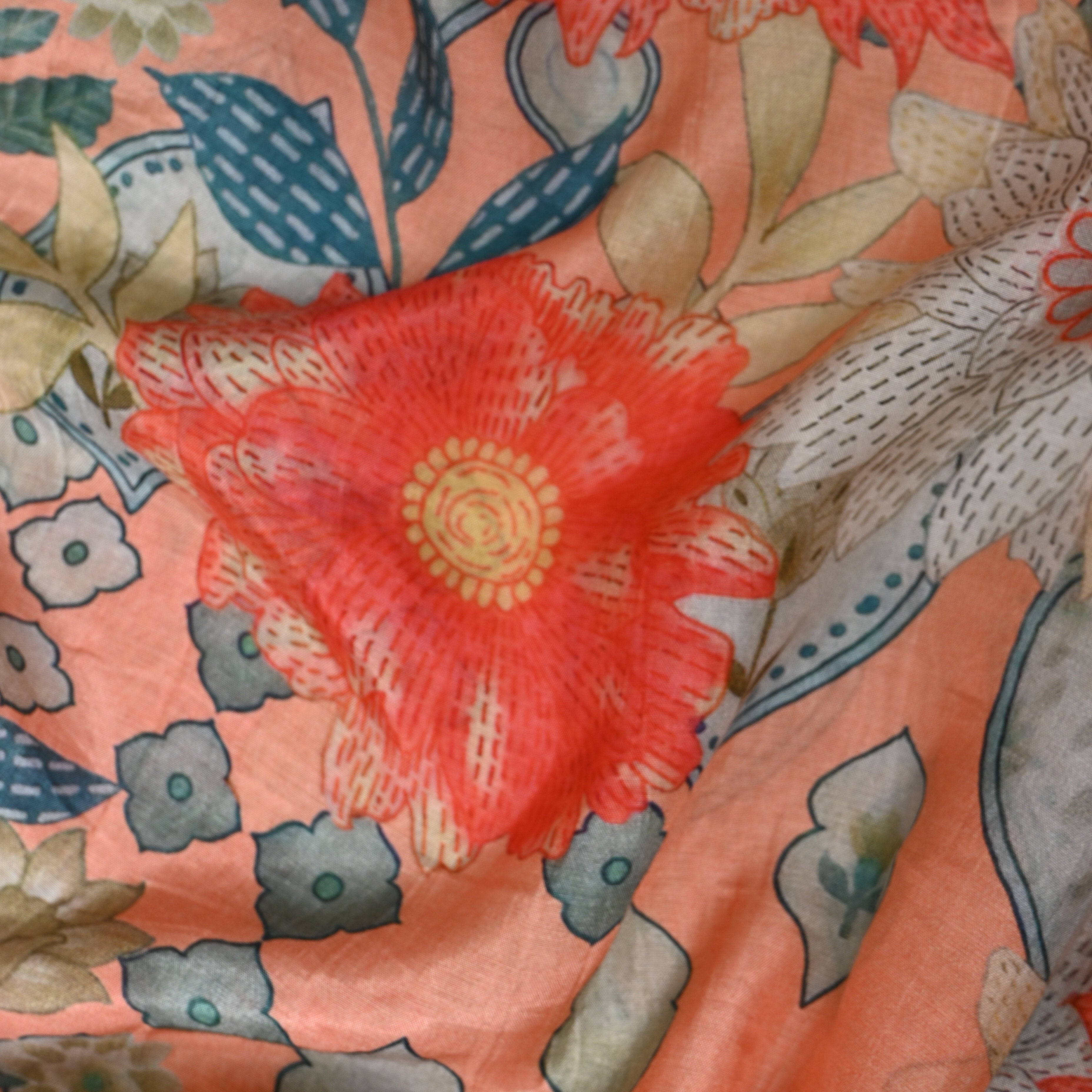 Peach Coral Floral Motif Digital Print Soft Silk
