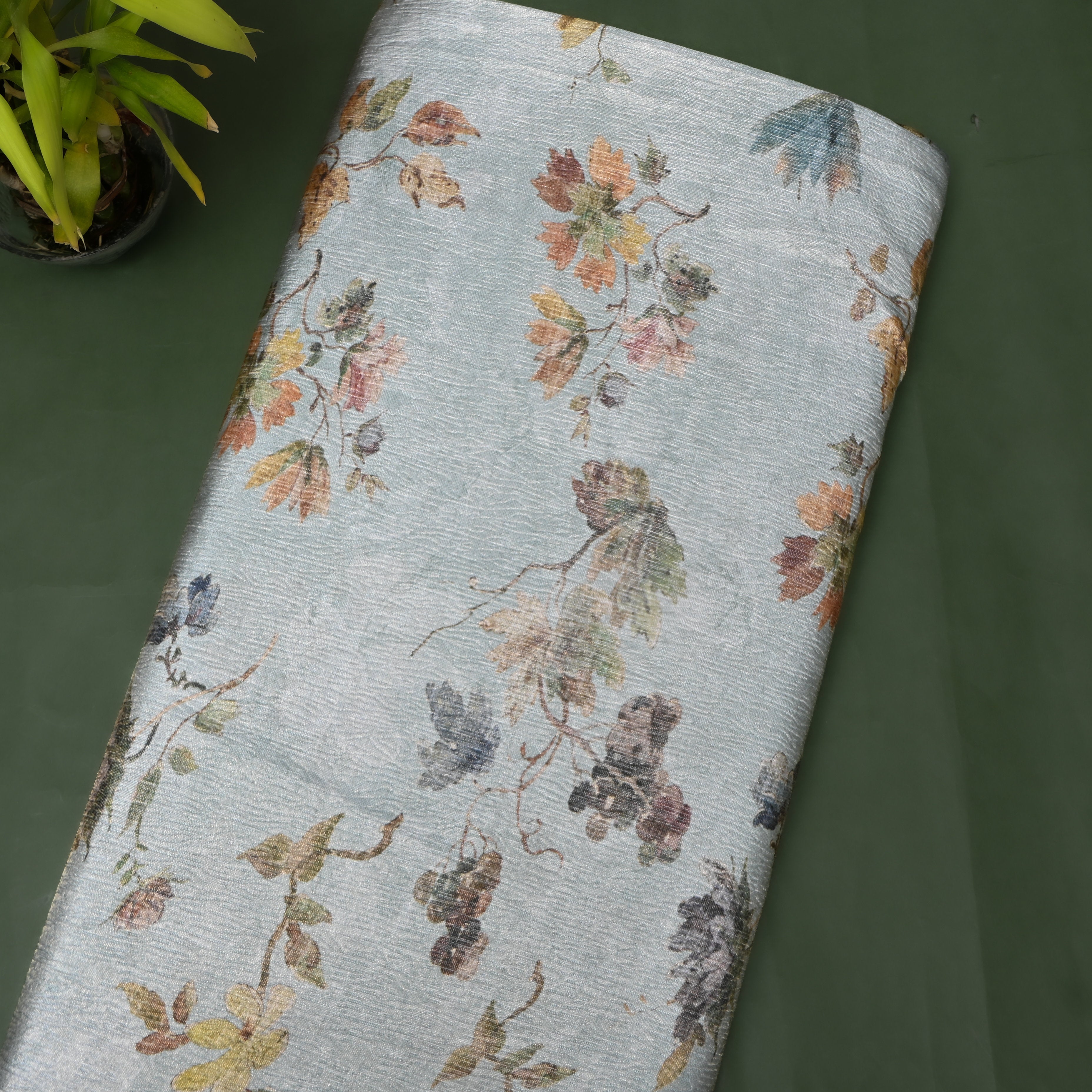 Sage Grey Grapevine Print Organza Tissue Fabric