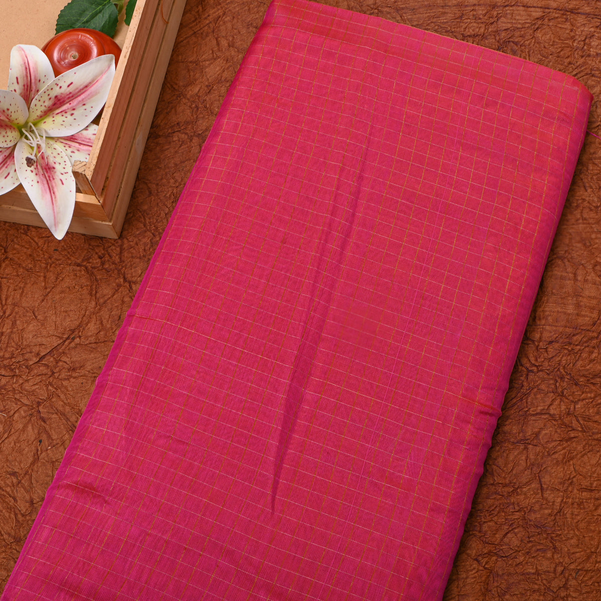 Magenta Gold Check Self Weave Jamawar Silk Fabric