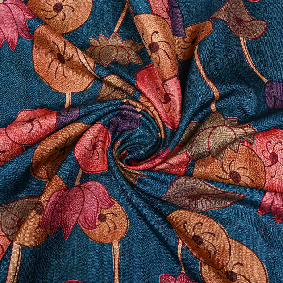 Petrol Blue Lotus Kalamkari Pen Digital Print Dupion Silk Fabric