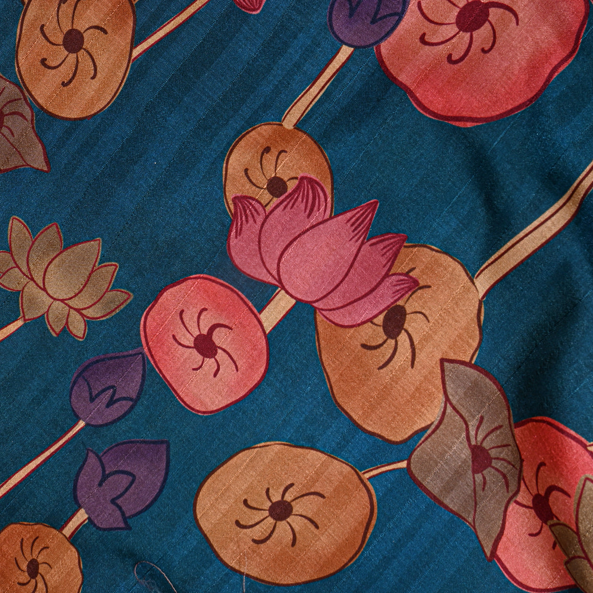 Petrol Blue Lotus Kalamkari Pen Digital Print Dupion Silk Fabric