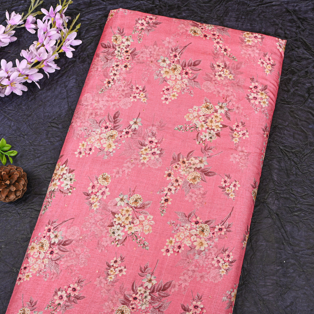 Rose Pink Floral Spray Print Tussar Silk Fabric