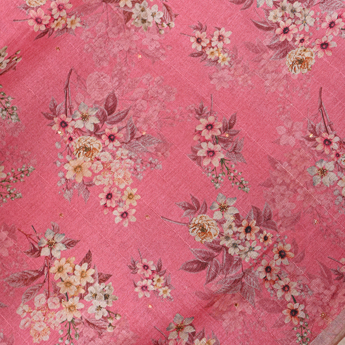 Rose Pink Floral Spray Print Tussar Silk Fabric