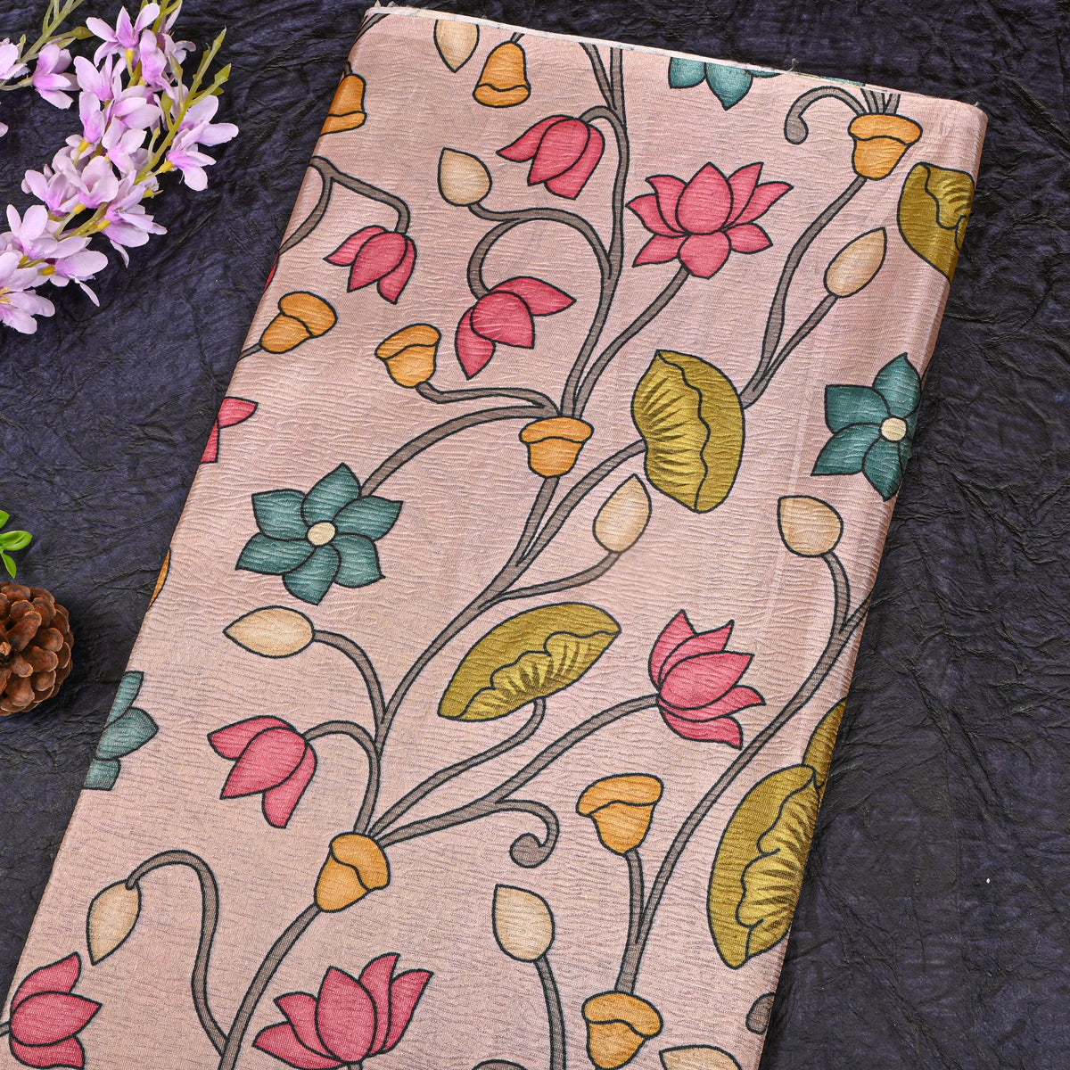 Fawn Beige Lotus Vine Print Tussar Silk Fabric