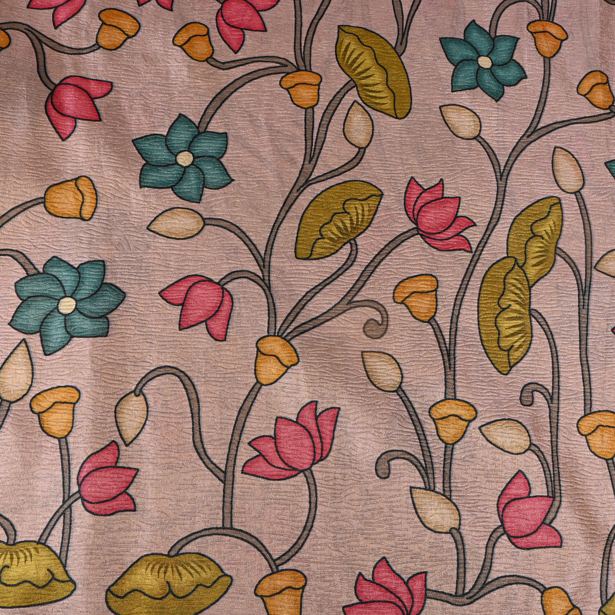 Fawn Beige Lotus Vine Print Tussar Silk Fabric