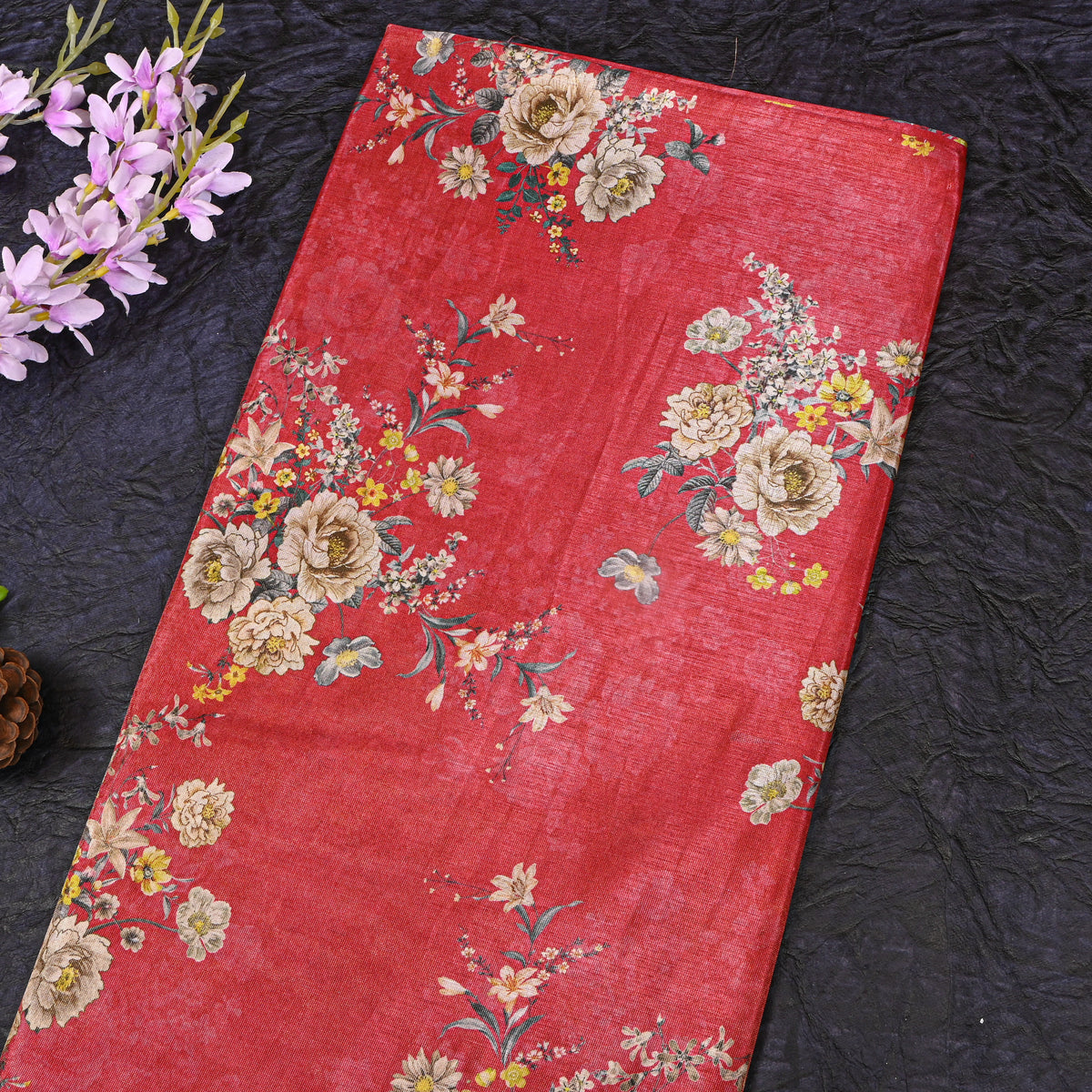 Crimson Orange Bouquet Print Tissue Fabric With Gold Border