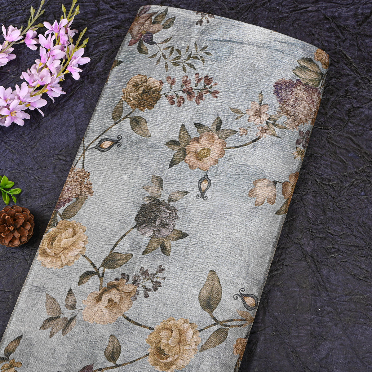 Dusty Blue Garden Rose Print Tussar Silk Fabric