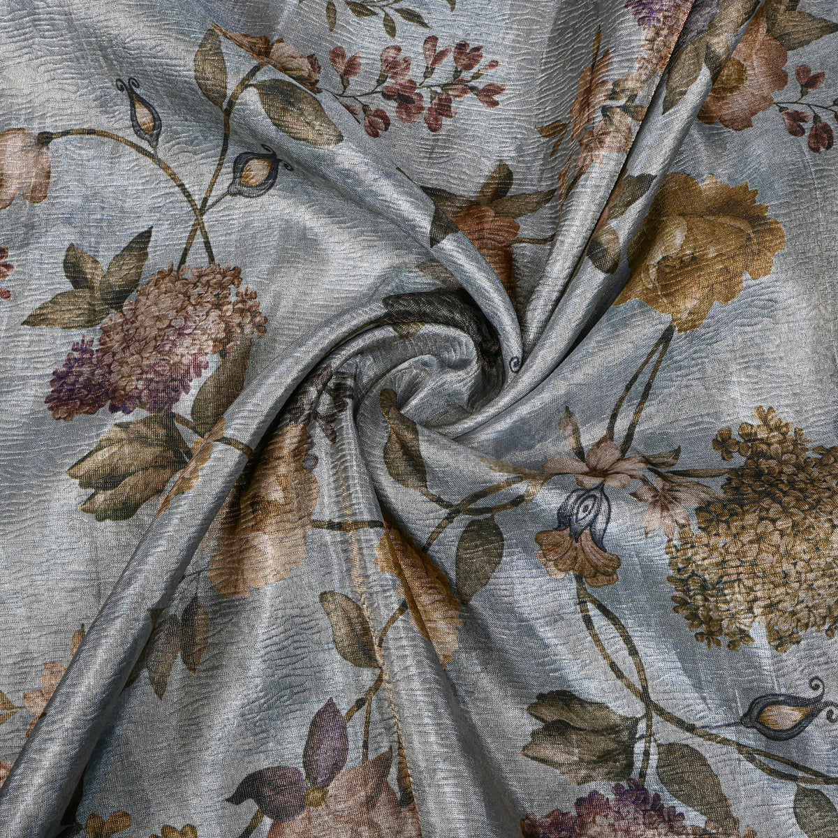 Dusty Blue Garden Rose Print Tussar Silk Fabric