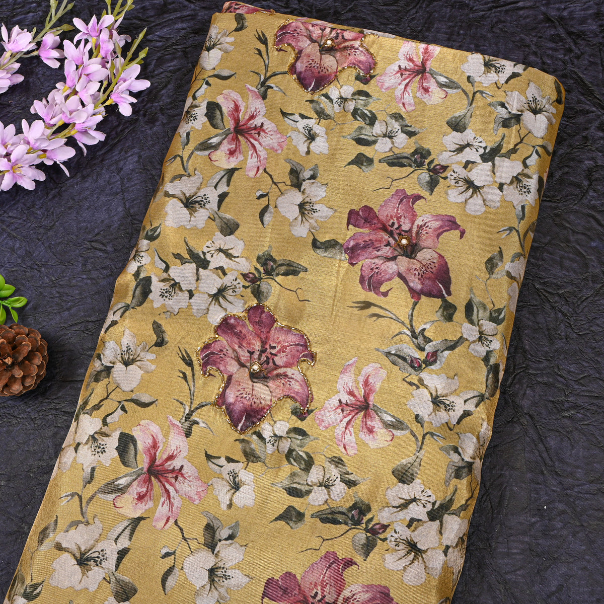 Mustard Lily Floral Bead Work Embroidery Tissue Fabric
