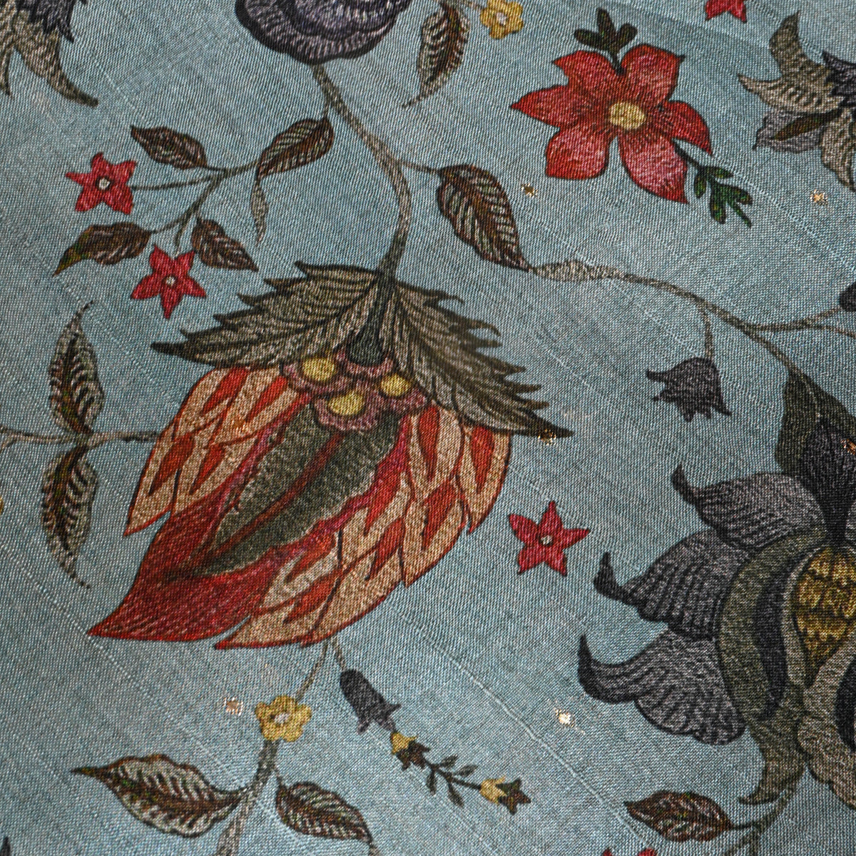 Seafoam Bold Floral Vine Print Tussar Silk Fabric