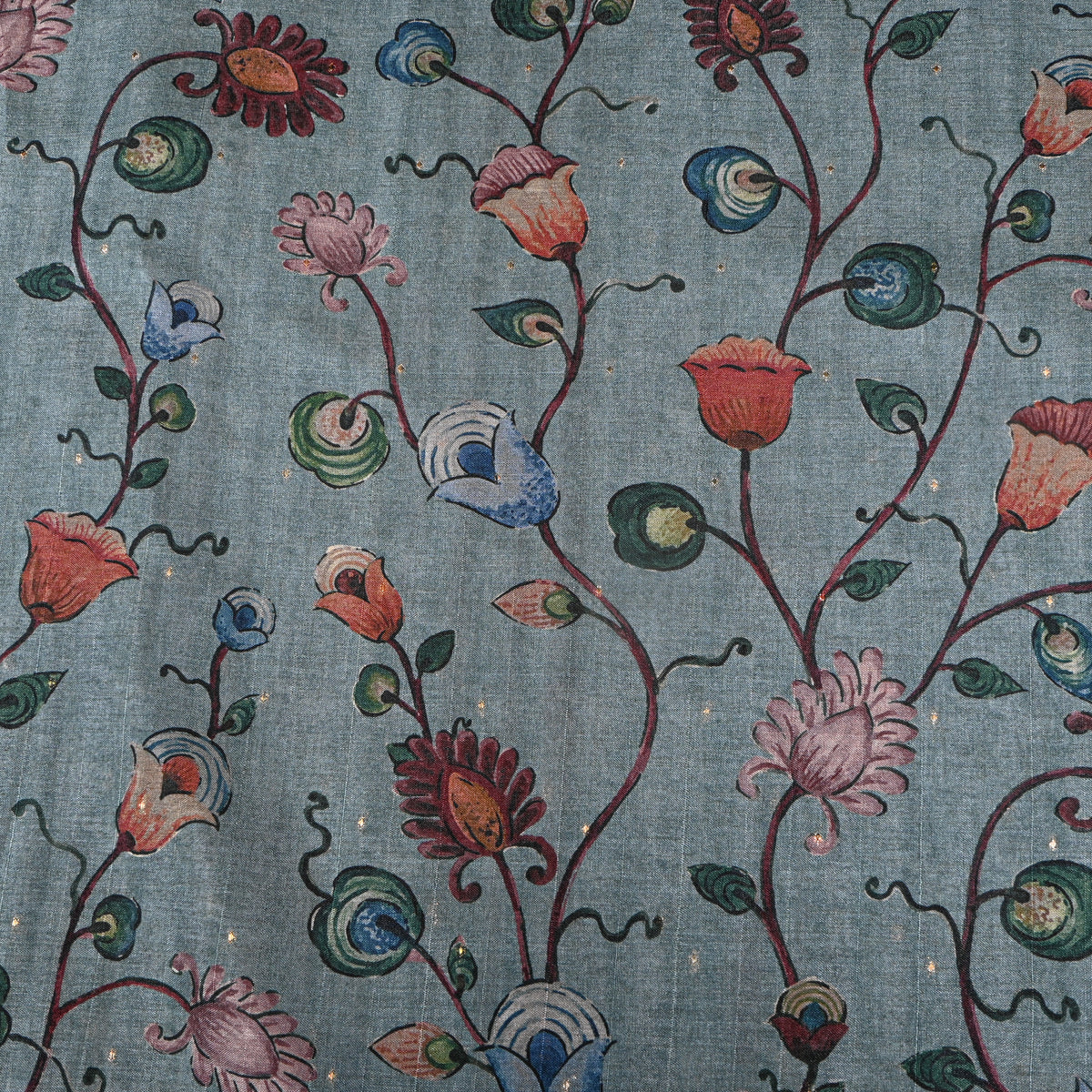 Ash Green Colourful Floral Vine Print Tussar Silk Fabric
