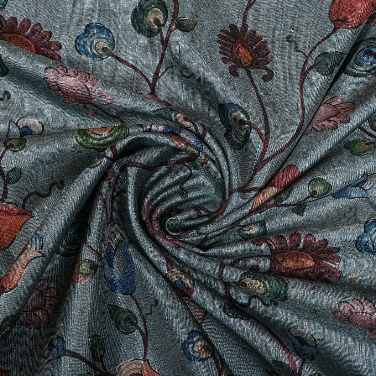 Ash Green Colourful Floral Vine Print Tussar Silk Fabric