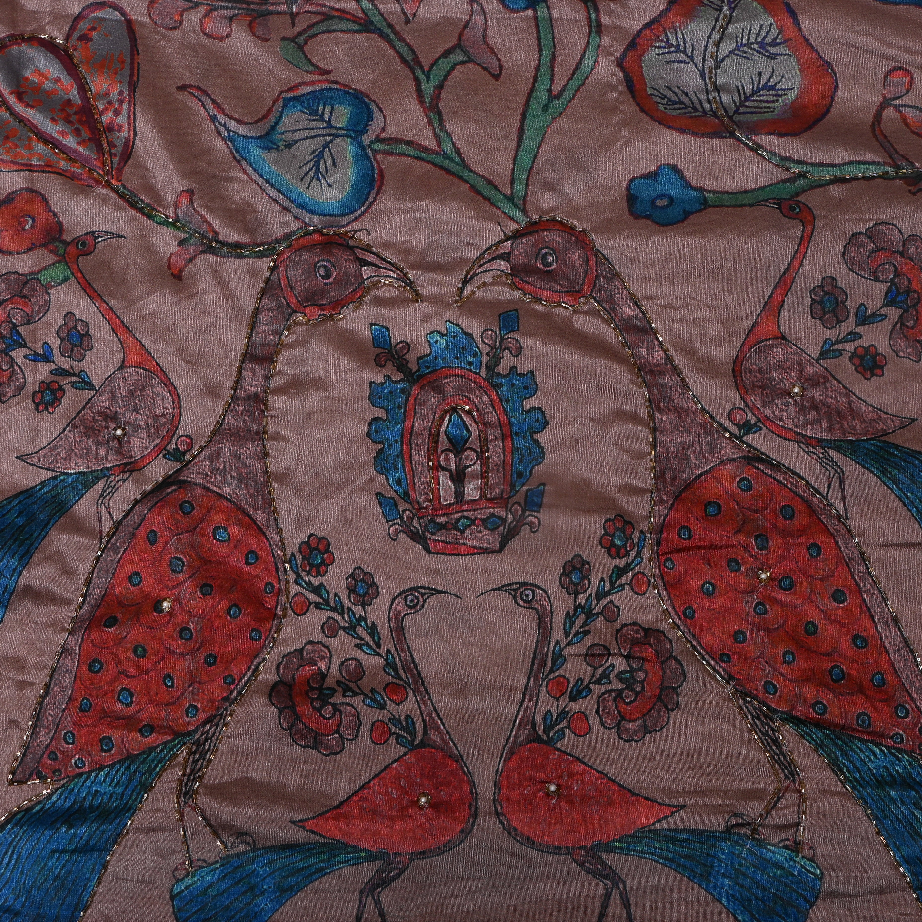 Mauve Peacock Motif Silk Fabric