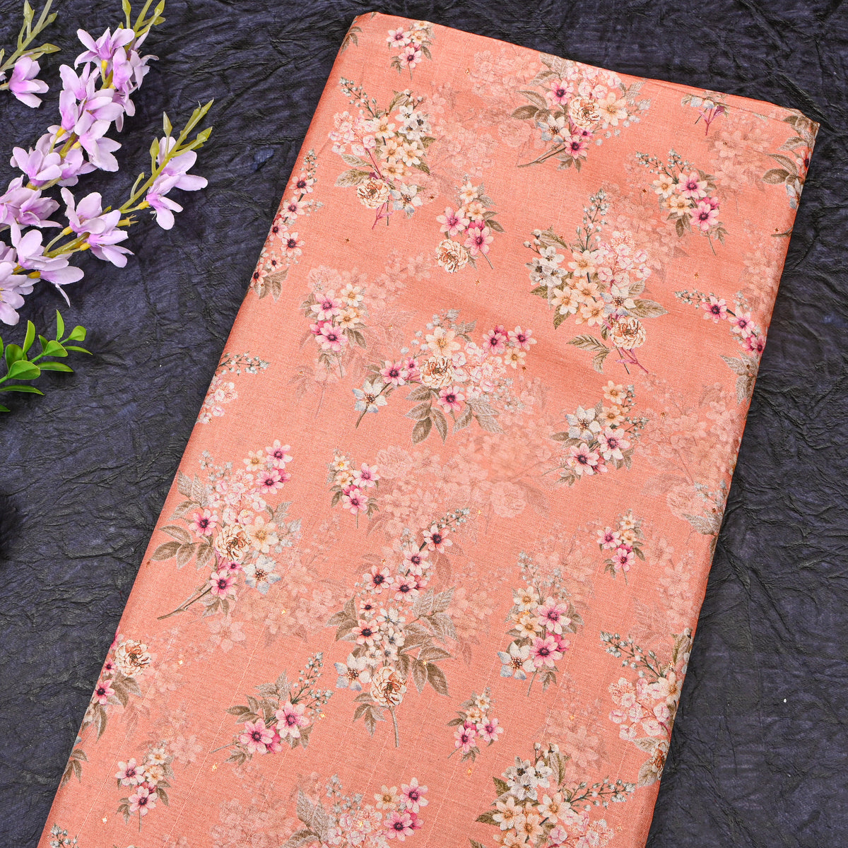 Apricot Floral Bunch Print Tussar Silk Fabric