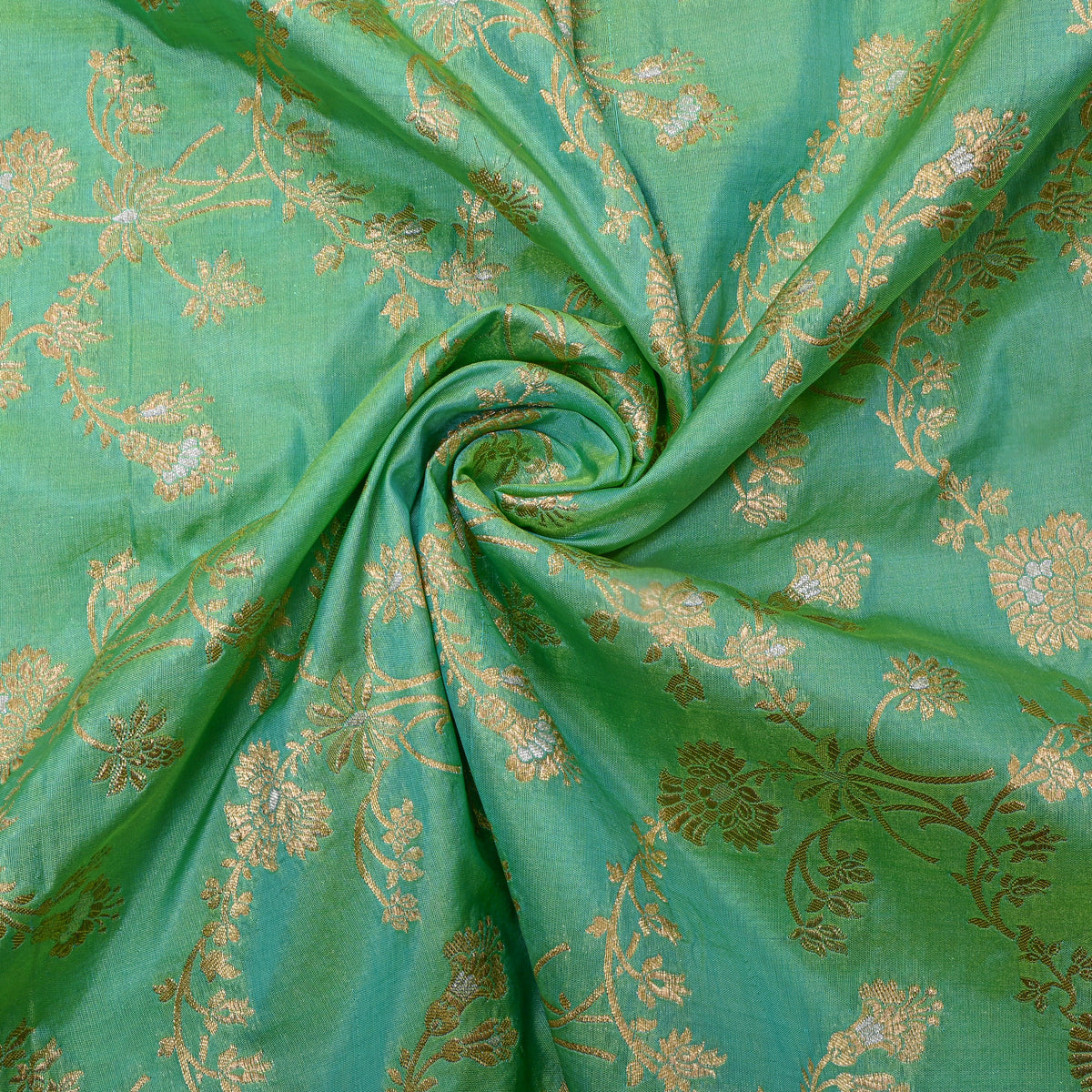 Emerald Green Dual Tone Zari Floral Jaal Banarasi Silk Fabric