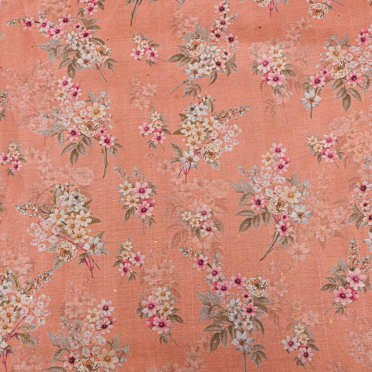 Apricot Floral Bunch Print Tussar Silk Fabric
