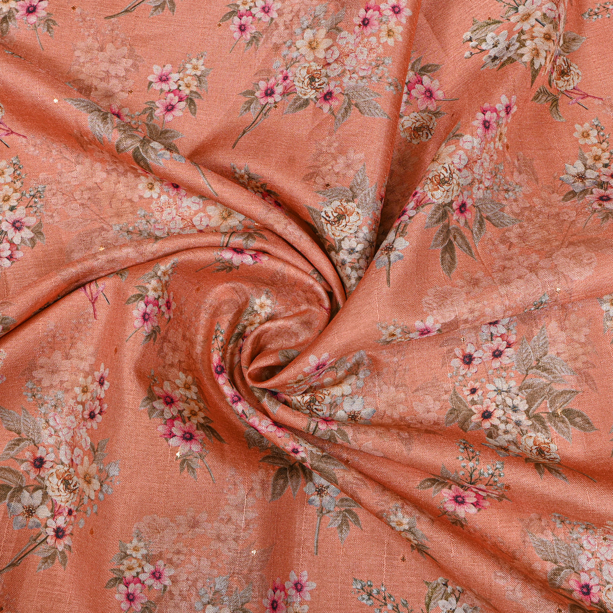 Apricot Floral Bunch Print Tussar Silk Fabric