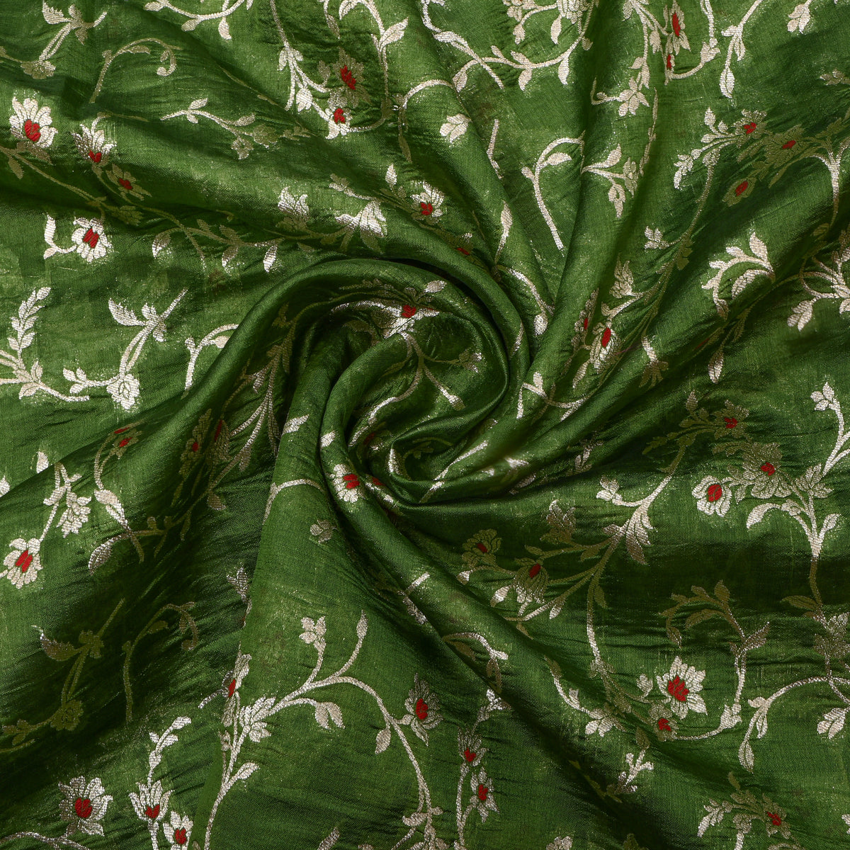 Moss Green Silver Zari Floral Jaal Jamawar Organza Fabric
