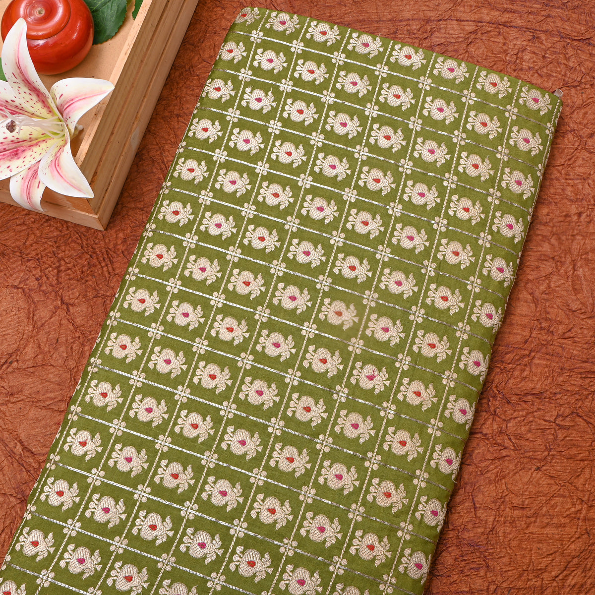 Moss Green Dual Zari Checked Butti Jamawar Silk Fabric
