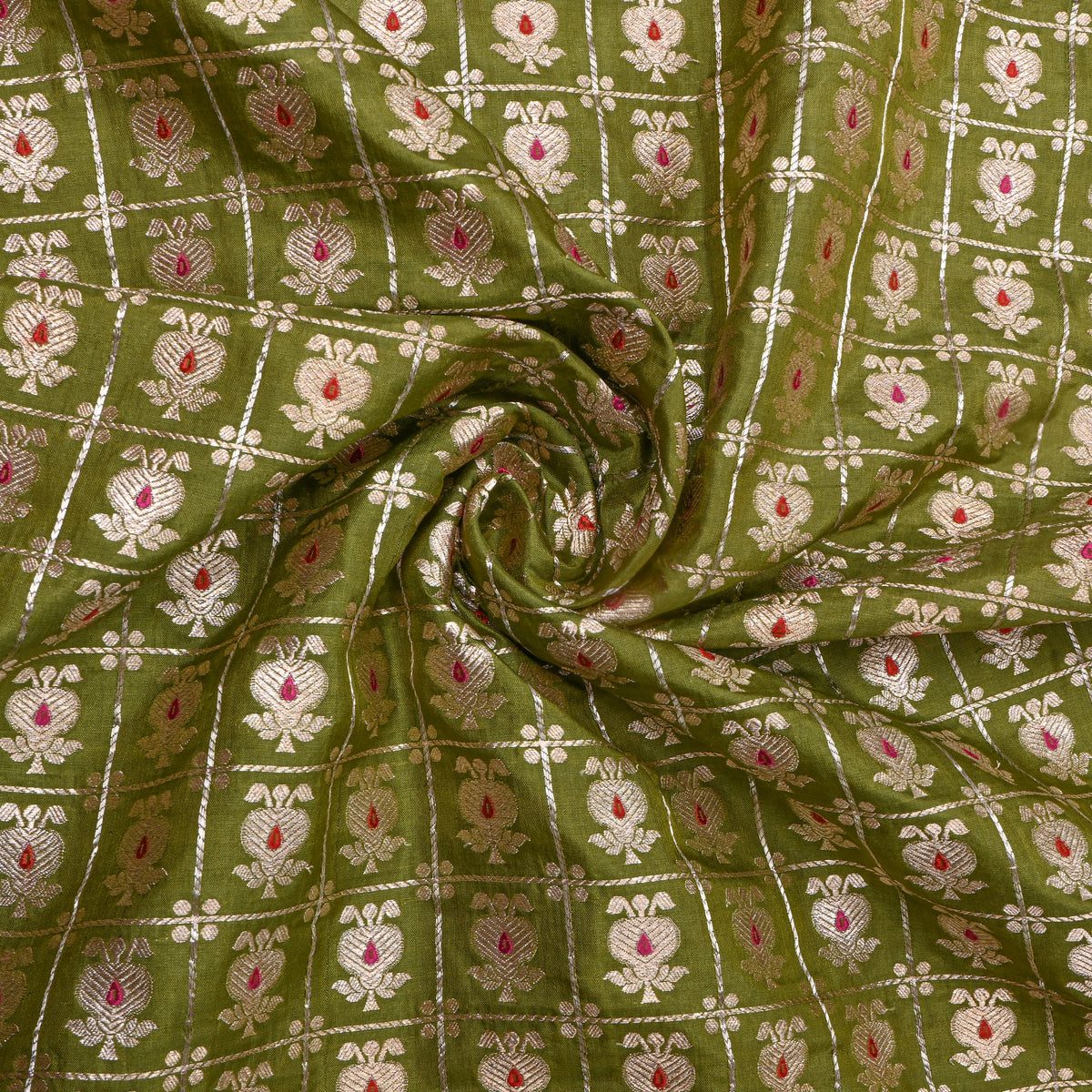 Moss Green Dual Zari Checked Butti Jamawar Silk Fabric
