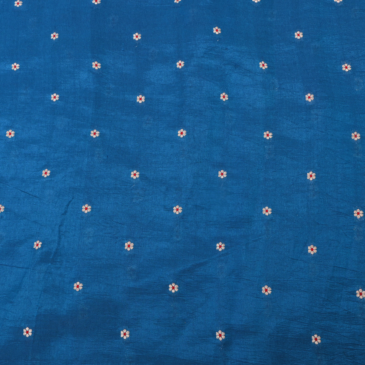 Bright Blue Silver Zari Floral Butti Bnarasi Silk Fabric