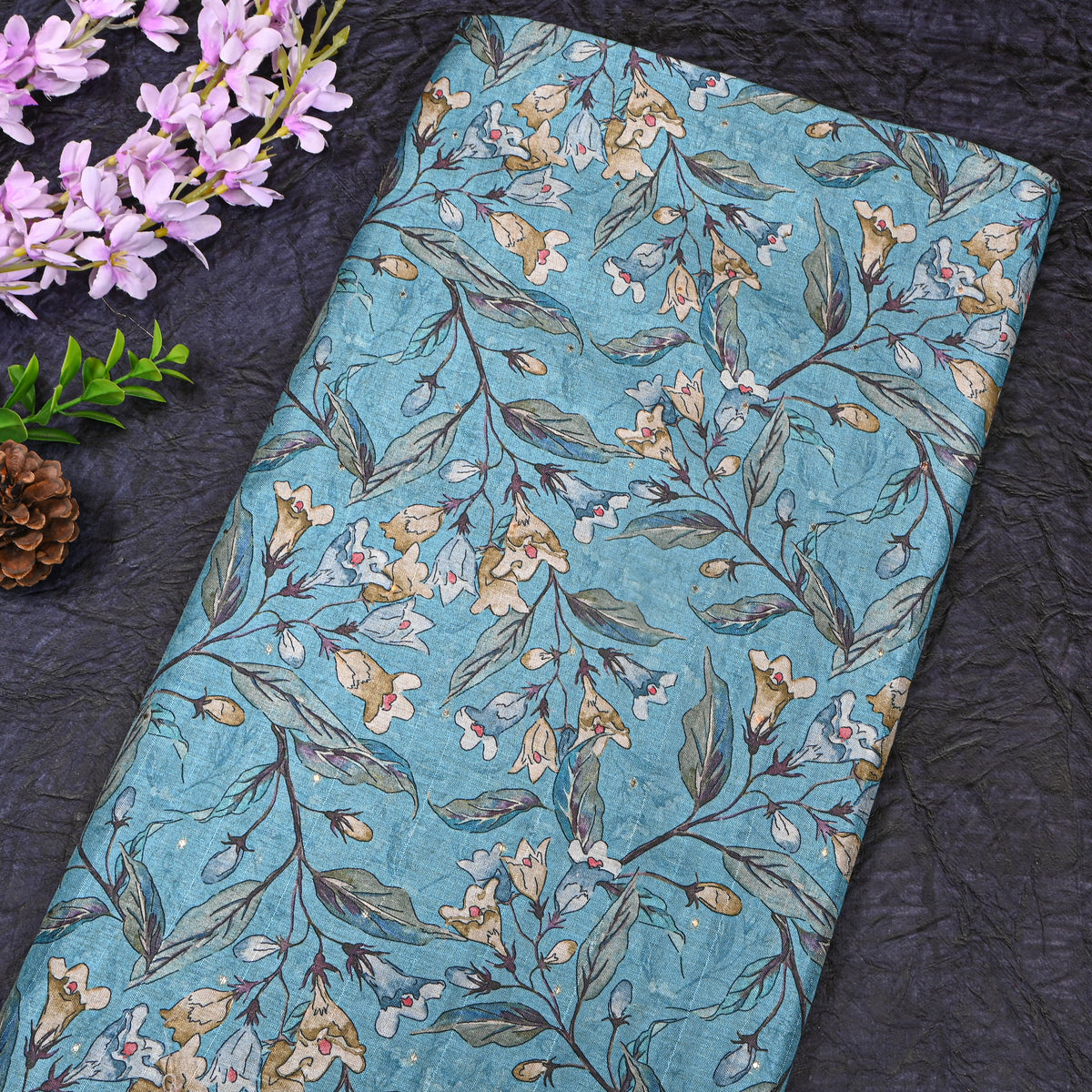Turquoise Bell Flower Vine Print Tussar Silk Fabric