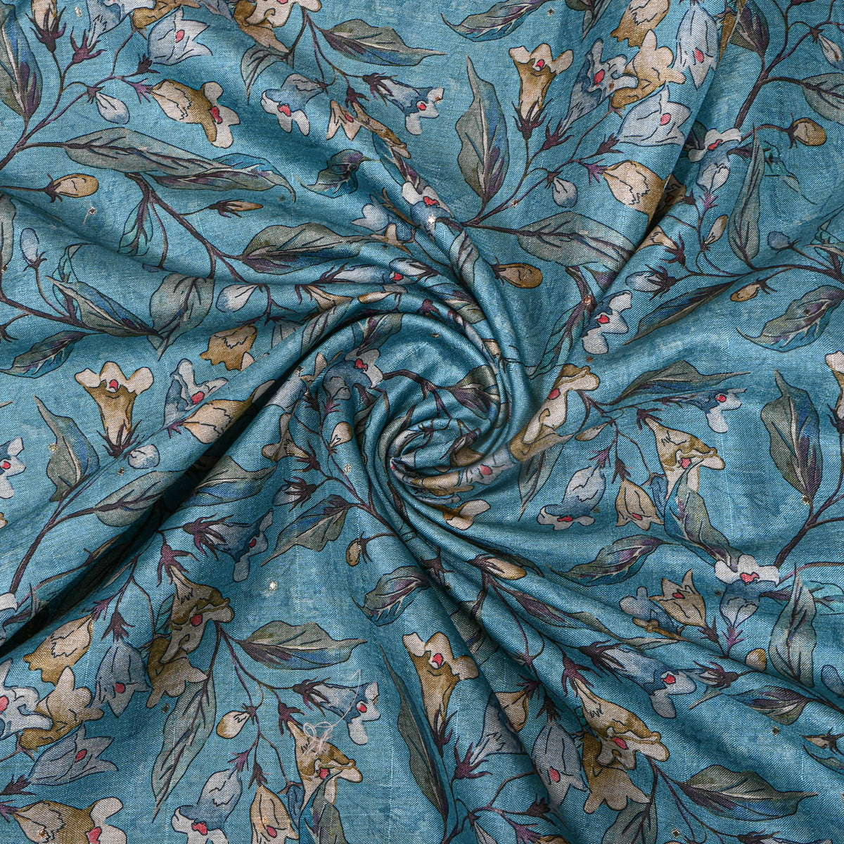 Turquoise Bell Flower Vine Print Tussar Silk Fabric