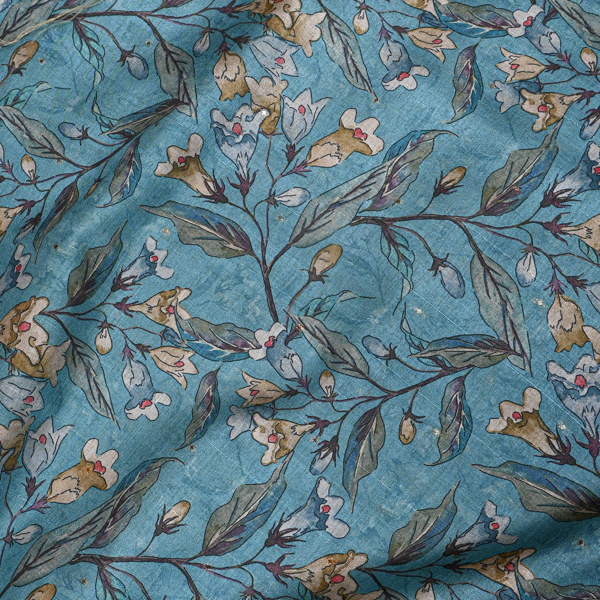 Turquoise Bell Flower Vine Print Tussar Silk Fabric