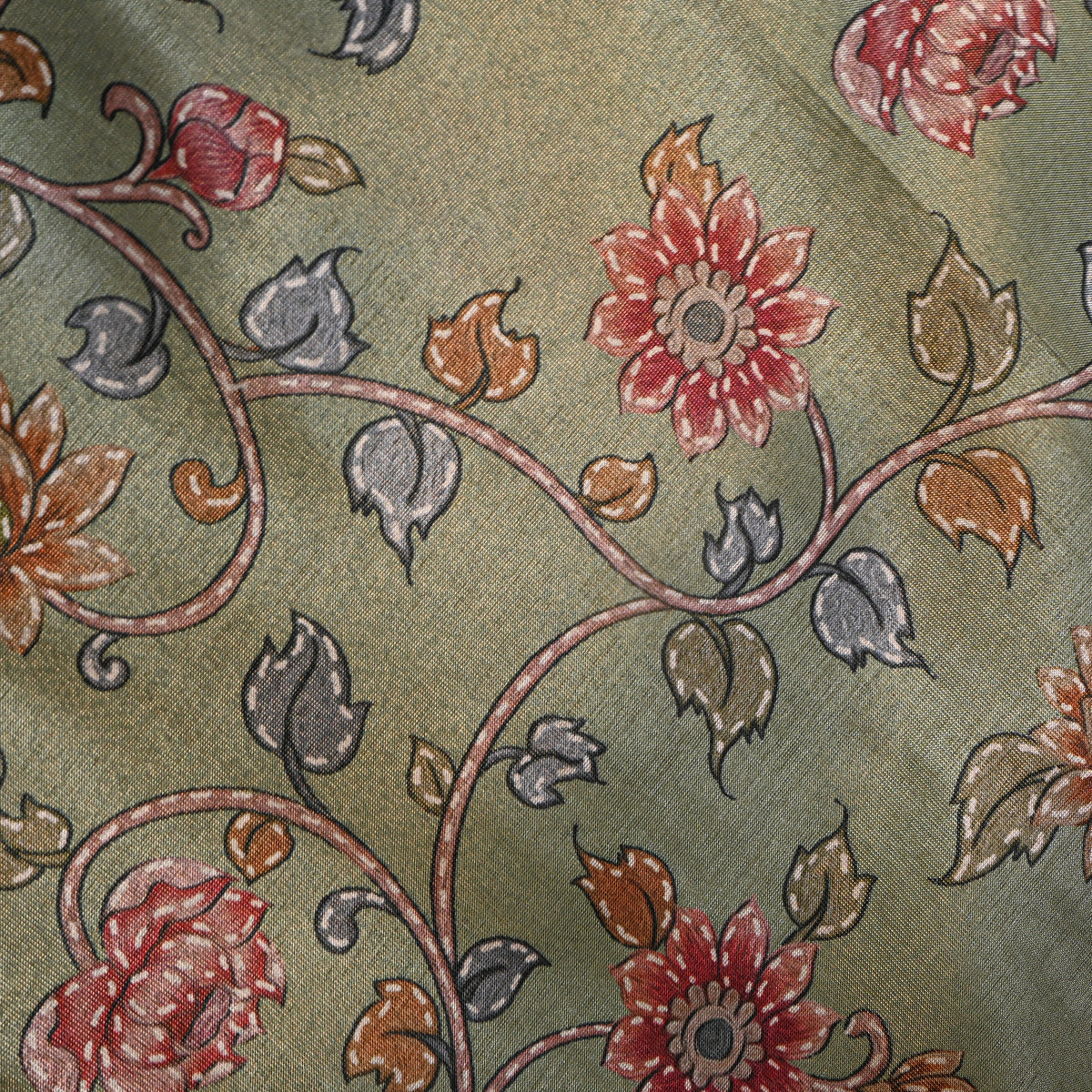 Sage Green Floral Printed Tissue Fabric