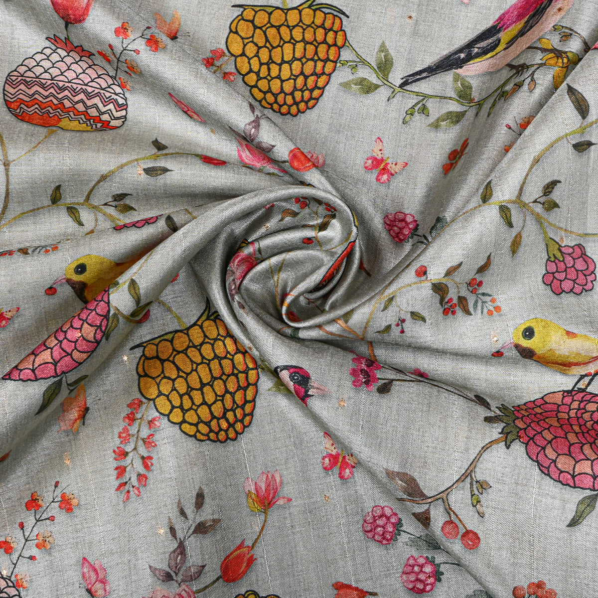 Dove Bird And Fruit Print Tussar Silk Fabric