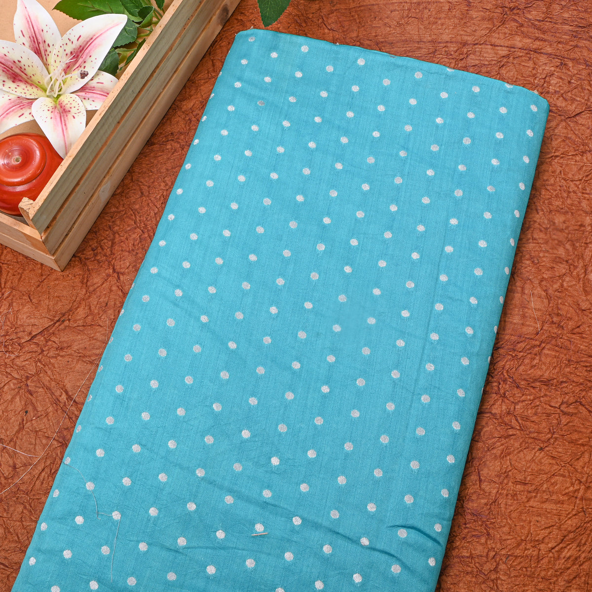 Teal Blue With Silver Zari Dot Butti Banarasi Silk Fabric