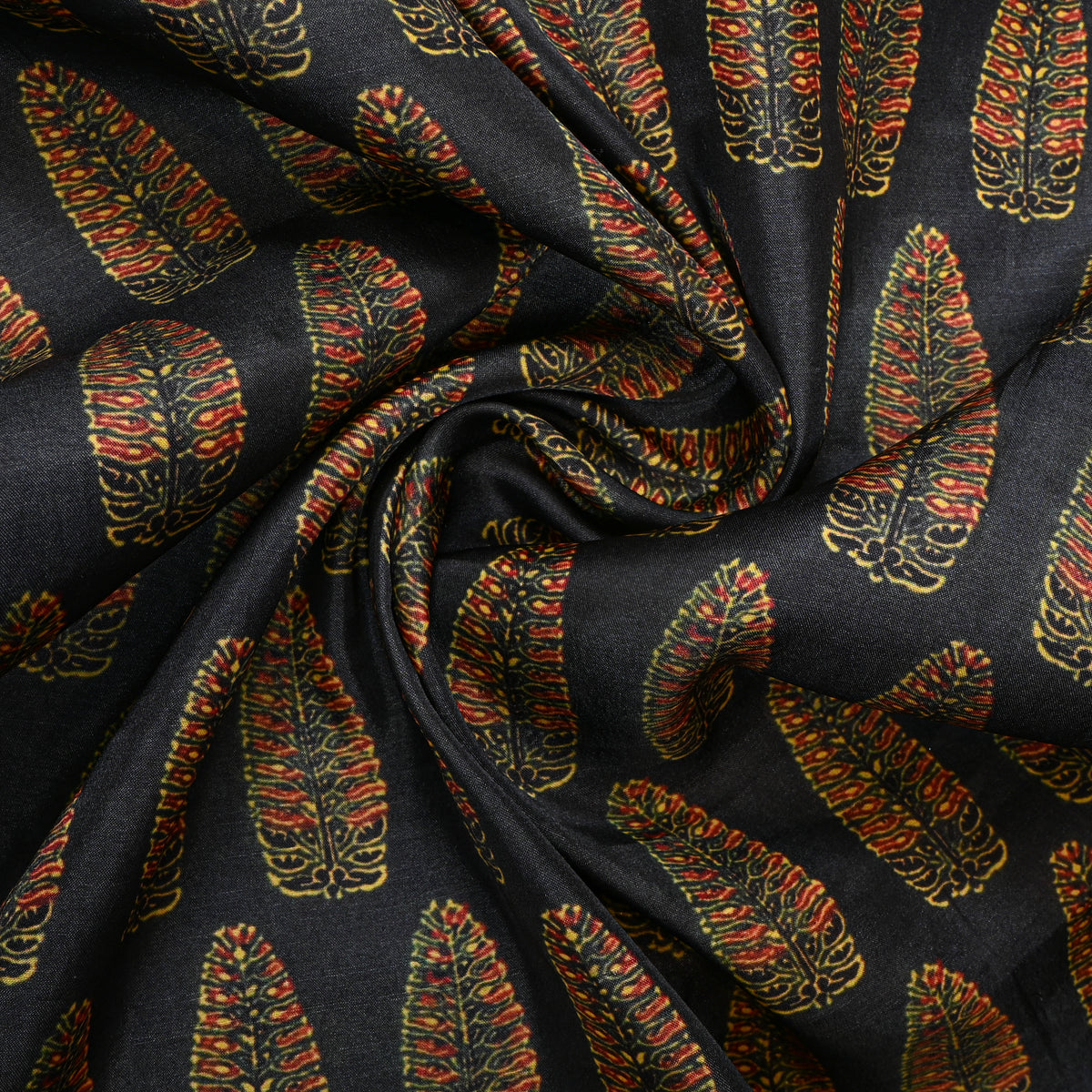Jet Black Leaf Butti Digital Print Tussar Fabric