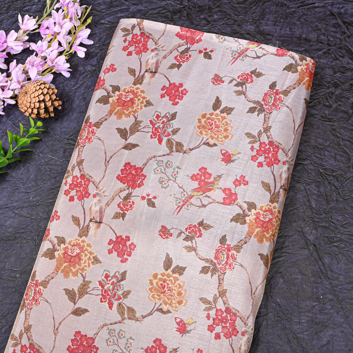 Ivory White Botanical Printed Tissue Fabric