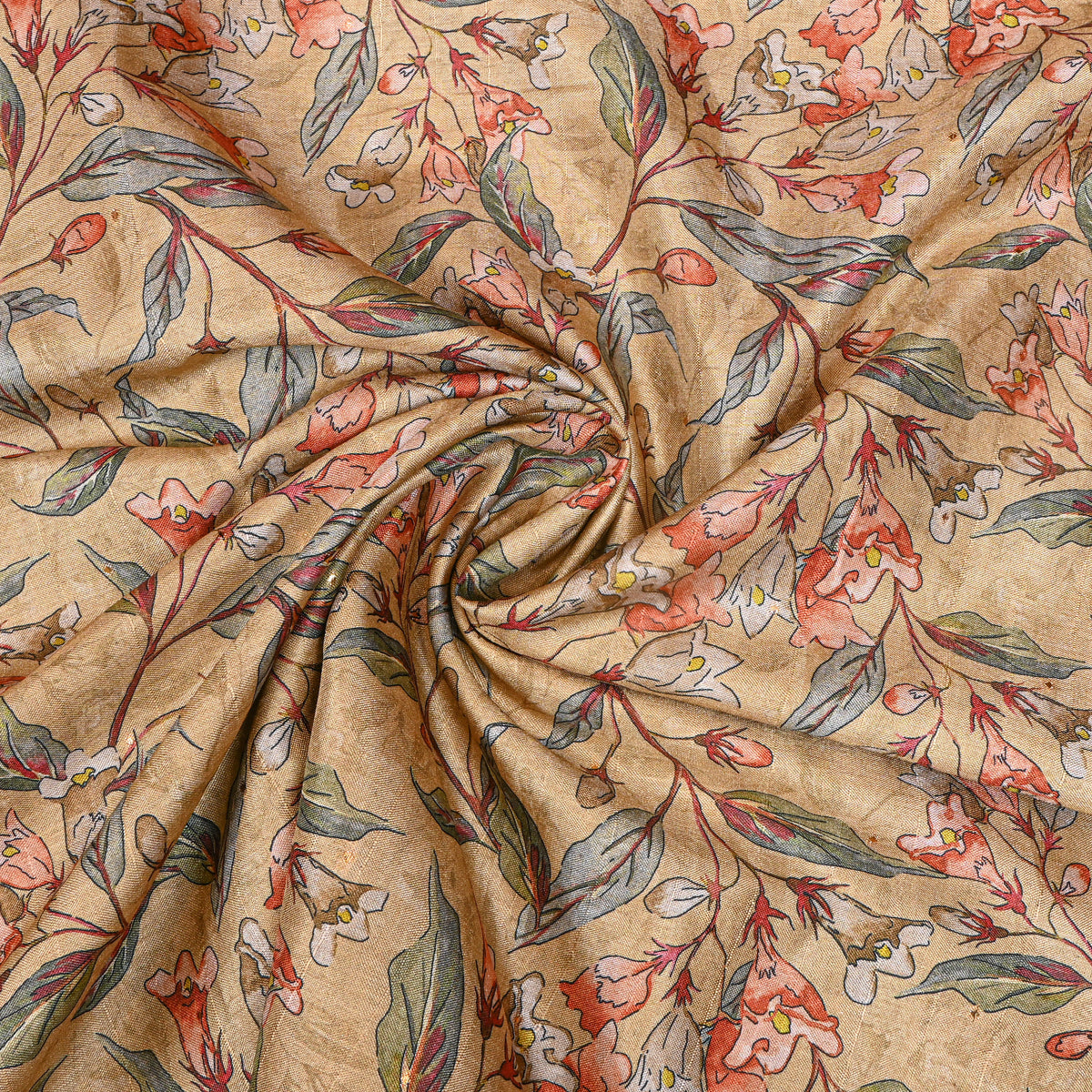 Honey Leafy Floral Vine Print Tussar Silk Fabric