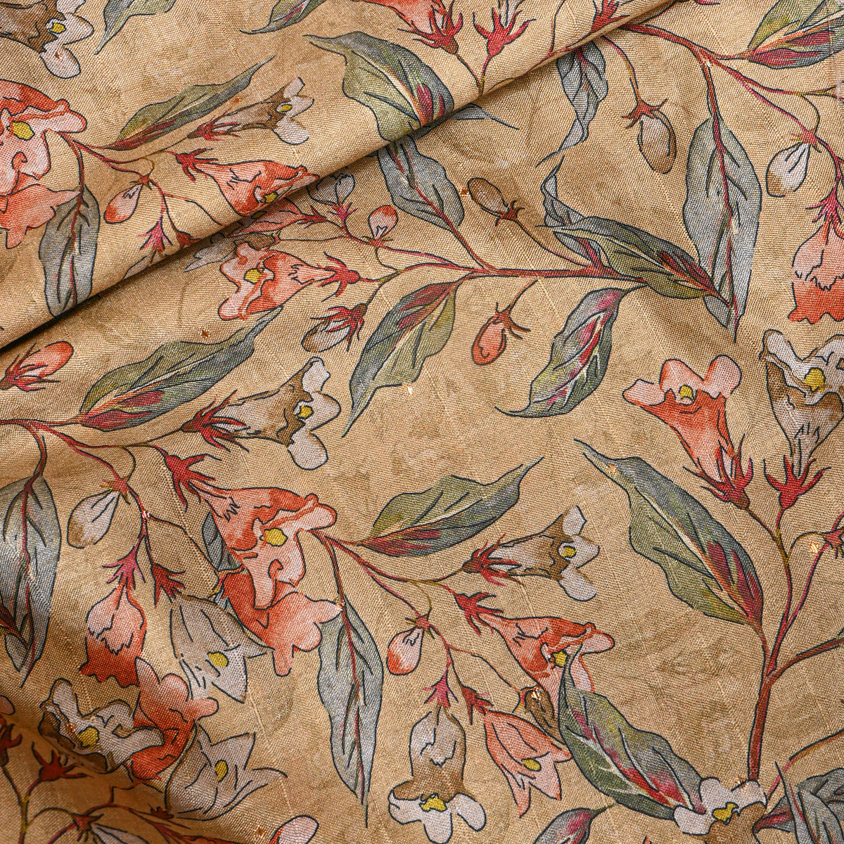 Honey Leafy Floral Vine Print Tussar Silk Fabric