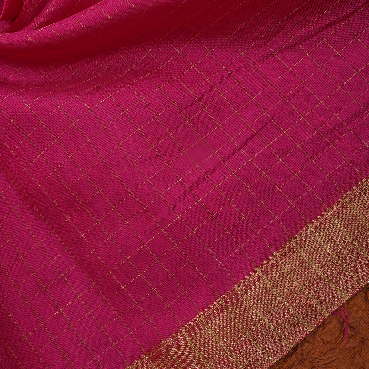 Rose Pink Gold Check Self Weave Jamawar Silk Fabric