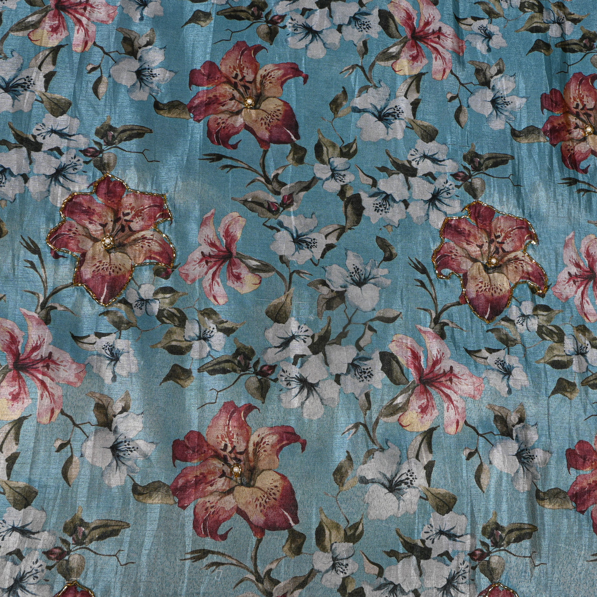 Lagoon Blue Lily Floral Bead Work Embroidery Tissue Fabric