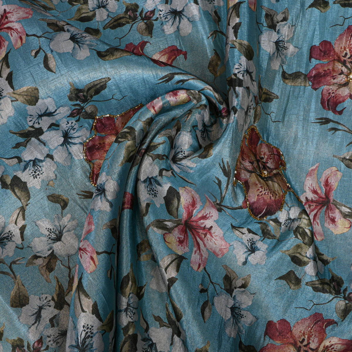 Lagoon Blue Lily Floral Bead Work Embroidery Tissue Fabric