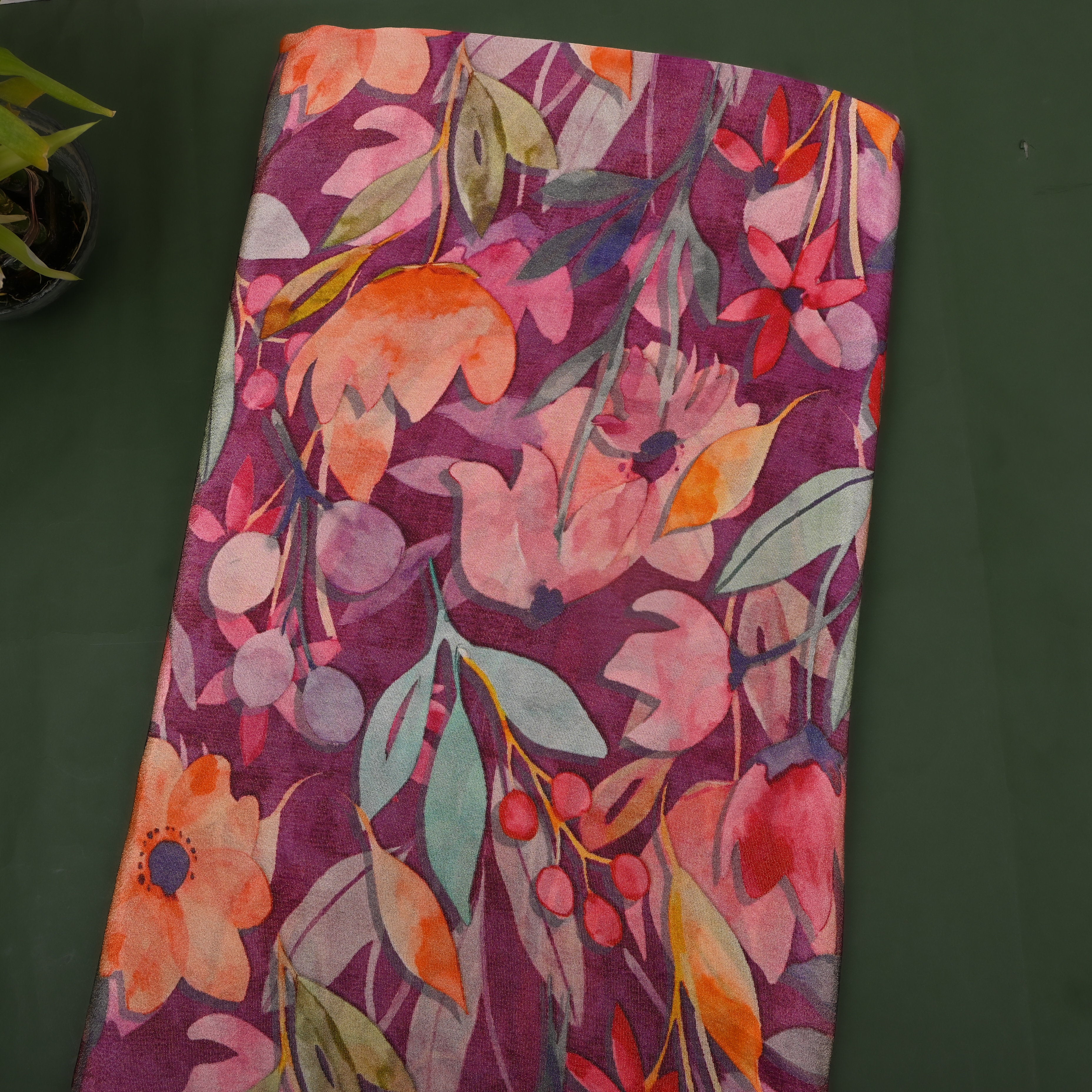 Magenta Abstract Floral Digital Print Tissue Fabric