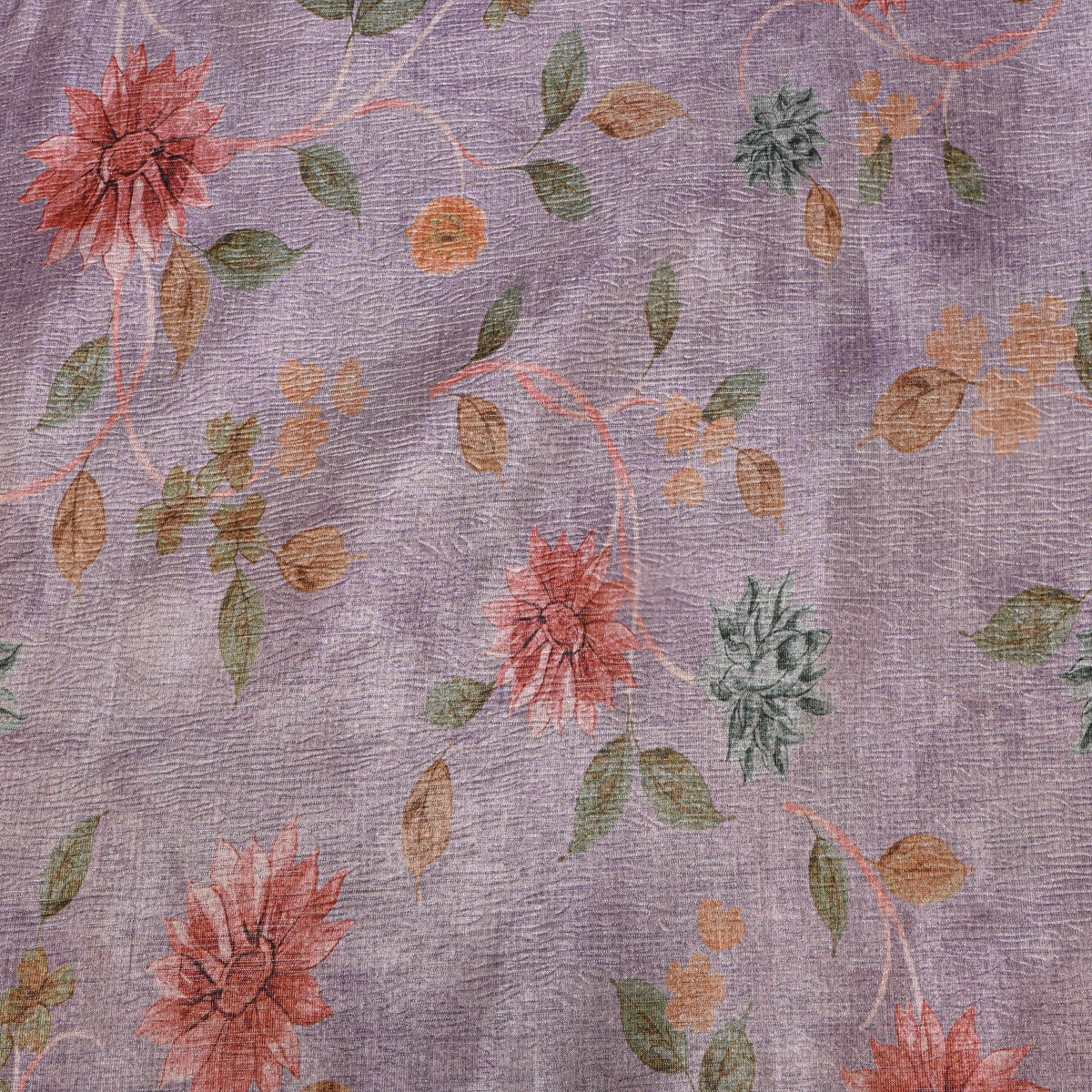 Wisteria Dahlia Floral Print Tussar Silk Fabric