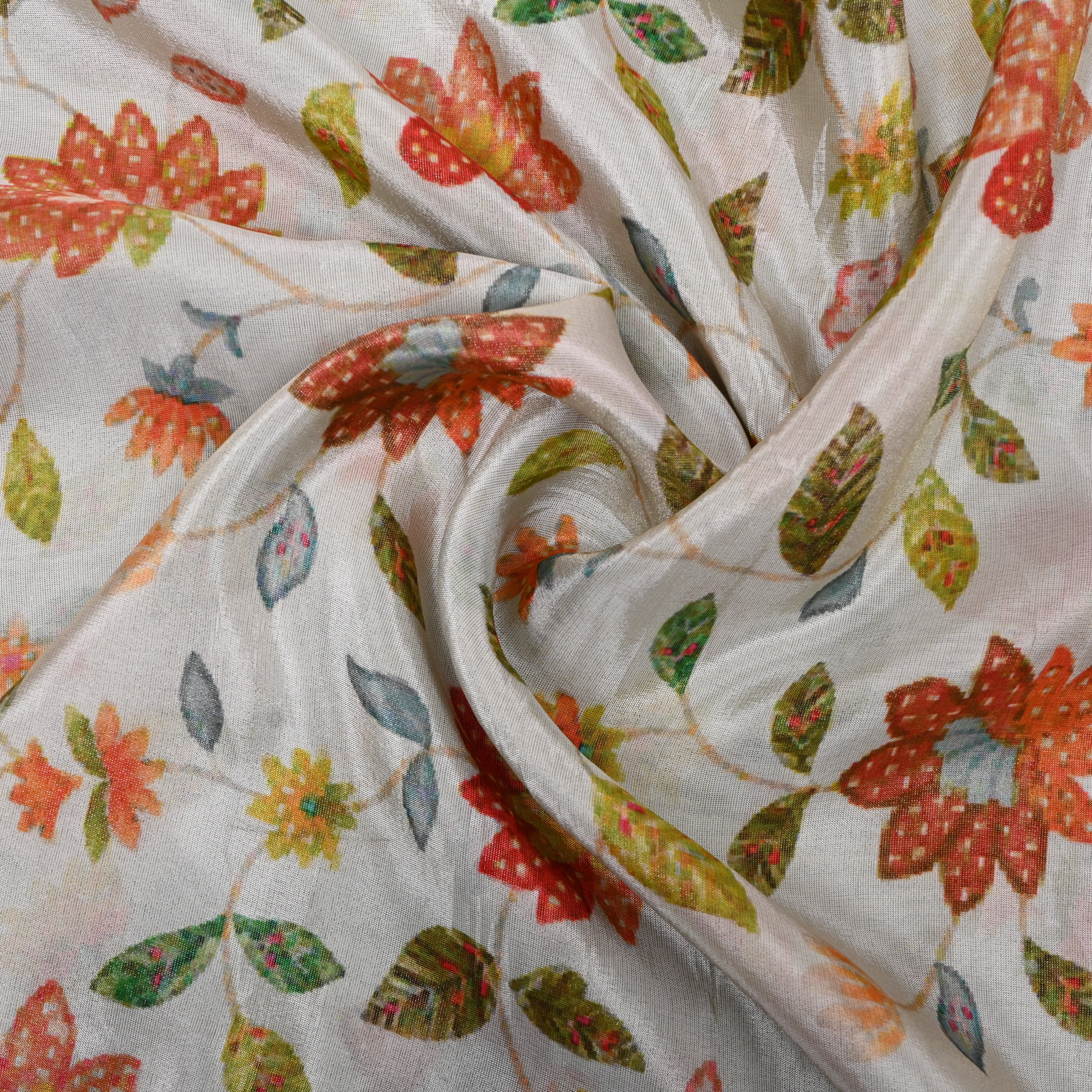 Ivory Autumn Leaf Digital Print Tissue Fabric