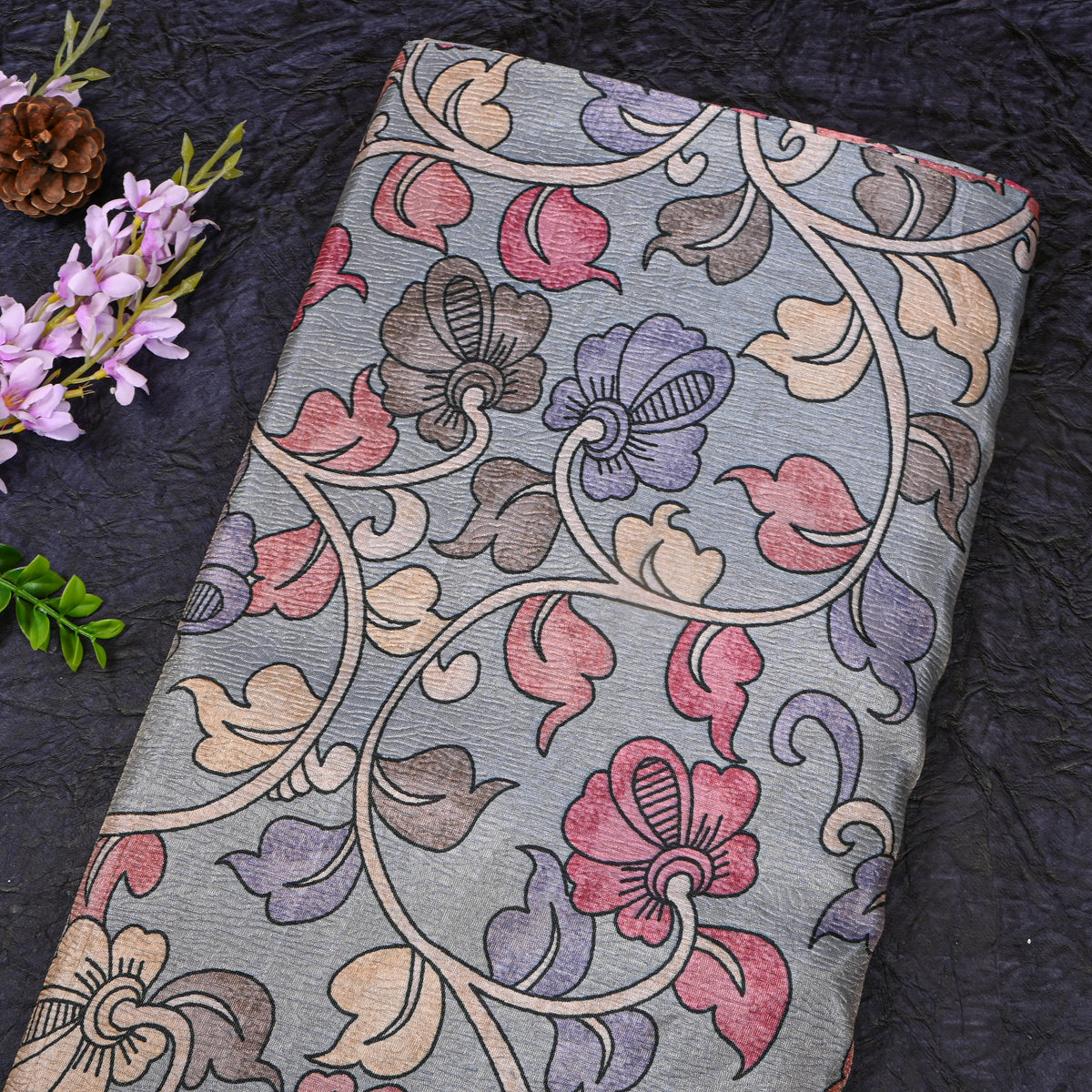 Smoke Grey Kalamkari Vine Print Tussar Silk Fabric