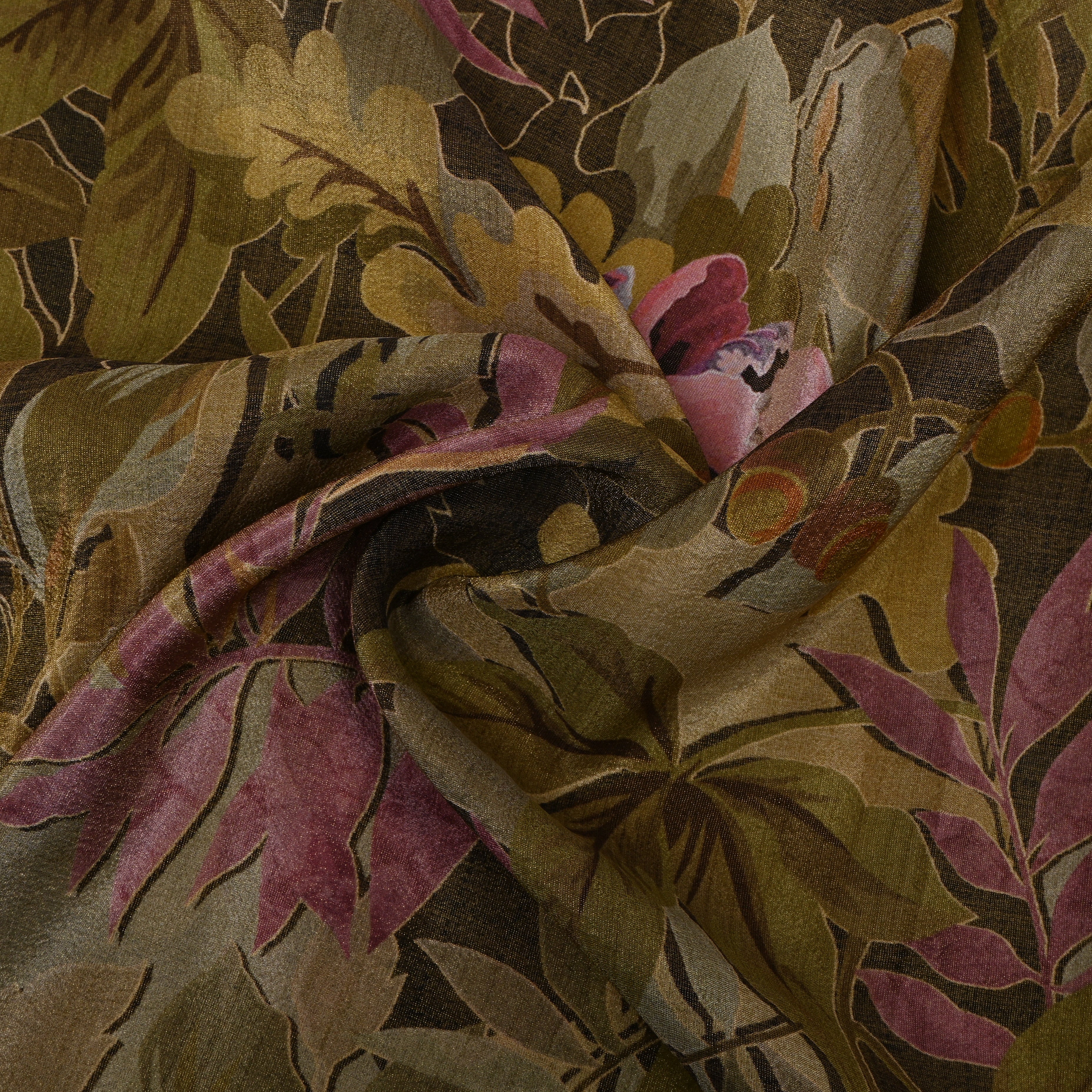 Olive Brown Autumn Foliage Digital Print Tissue Fabric