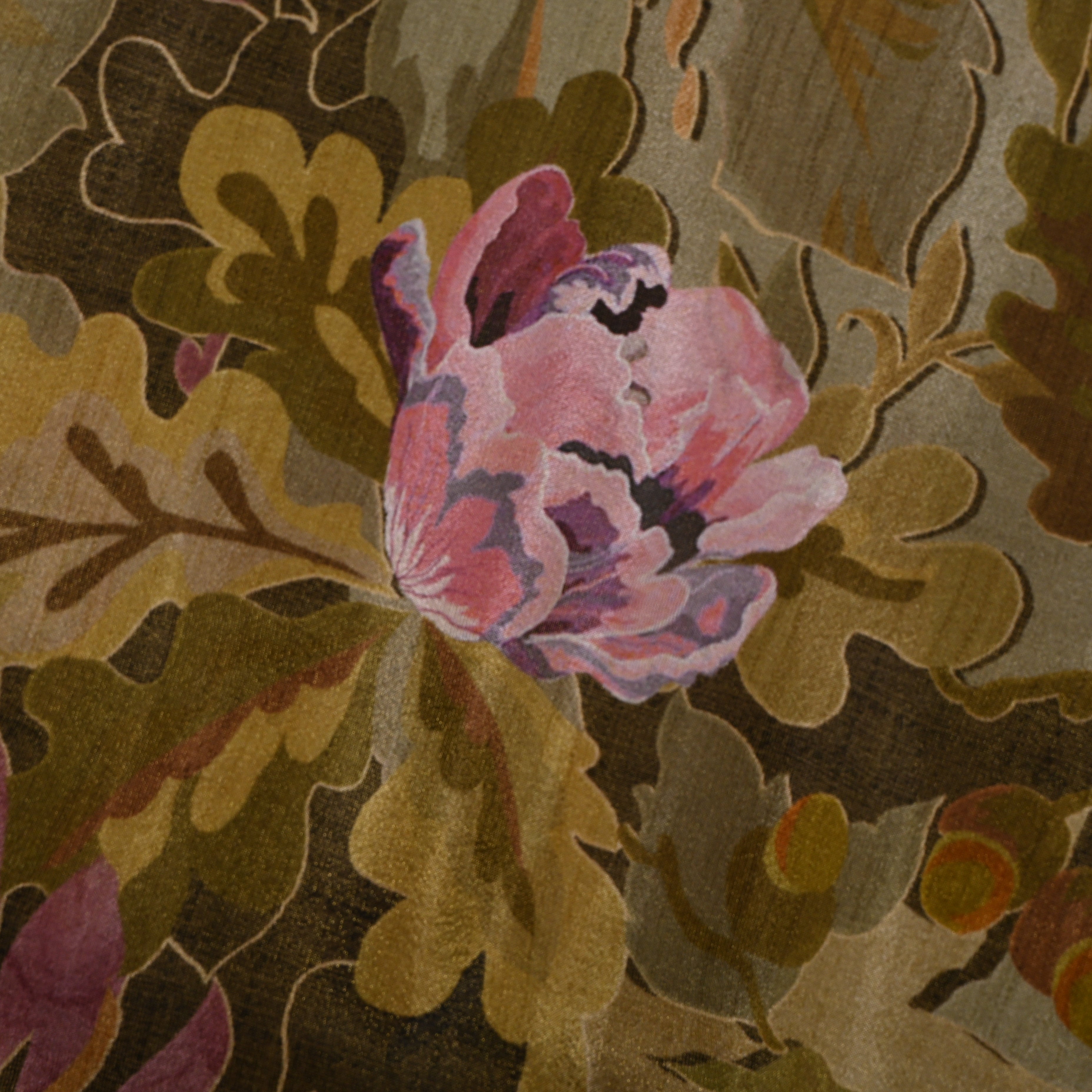 Olive Brown Autumn Foliage Digital Print Tissue Fabric