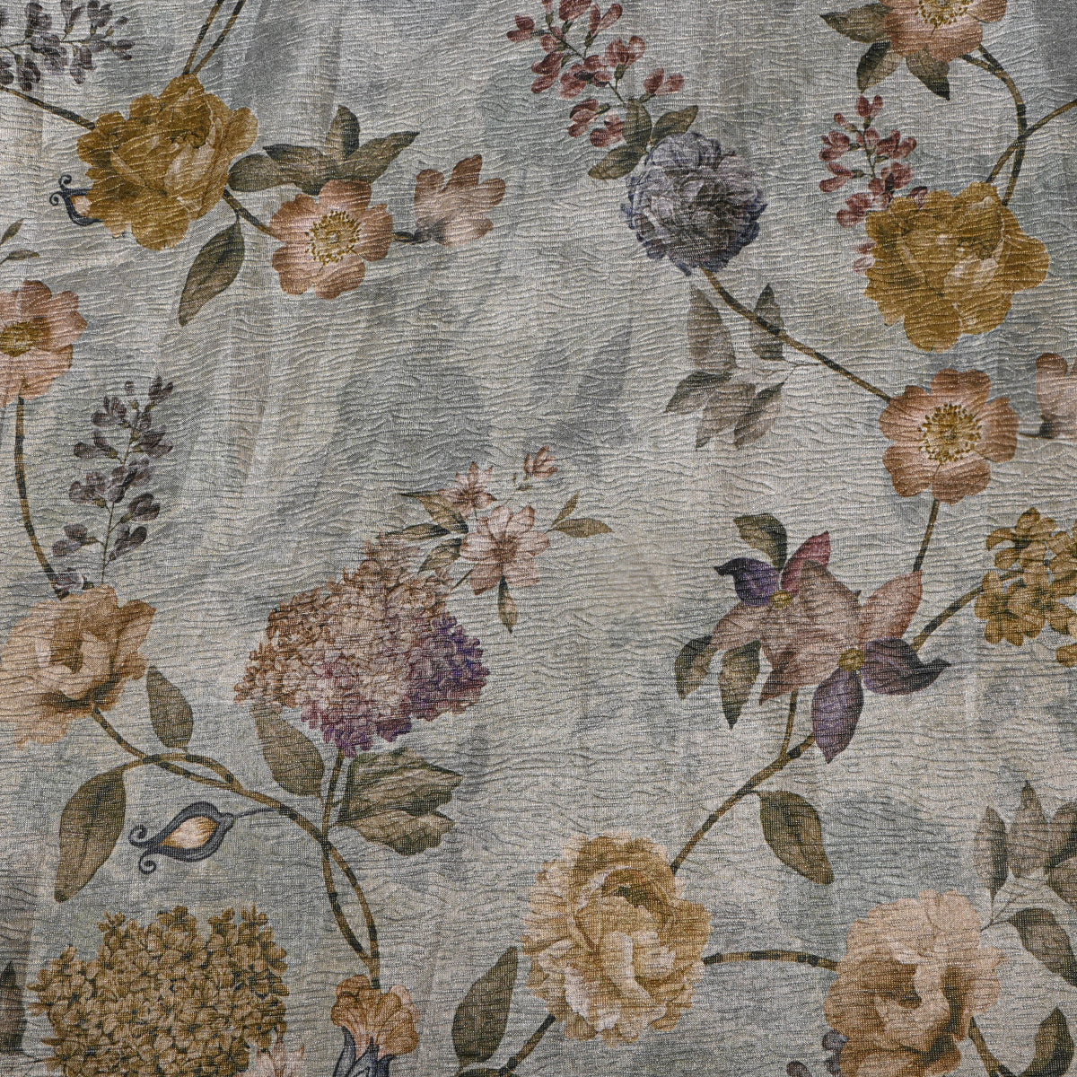 Silver Mist Rose And Hydrangea Print Tussar Silk Fabric