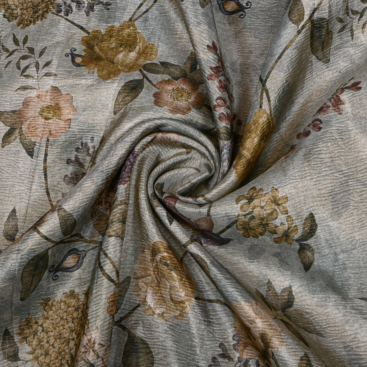 Silver Mist Rose And Hydrangea Print Tussar Silk Fabric