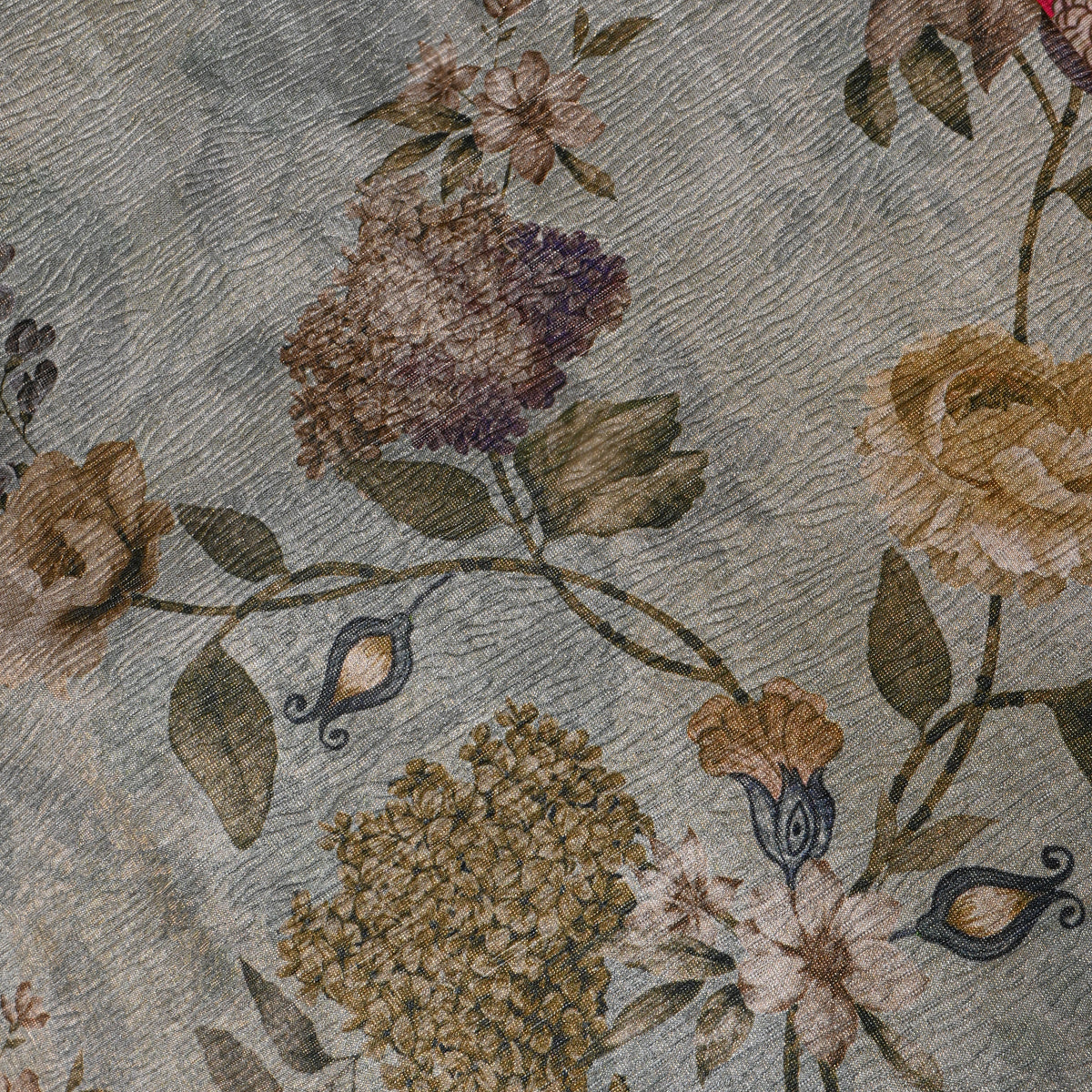 Silver Mist Rose And Hydrangea Print Tussar Silk Fabric