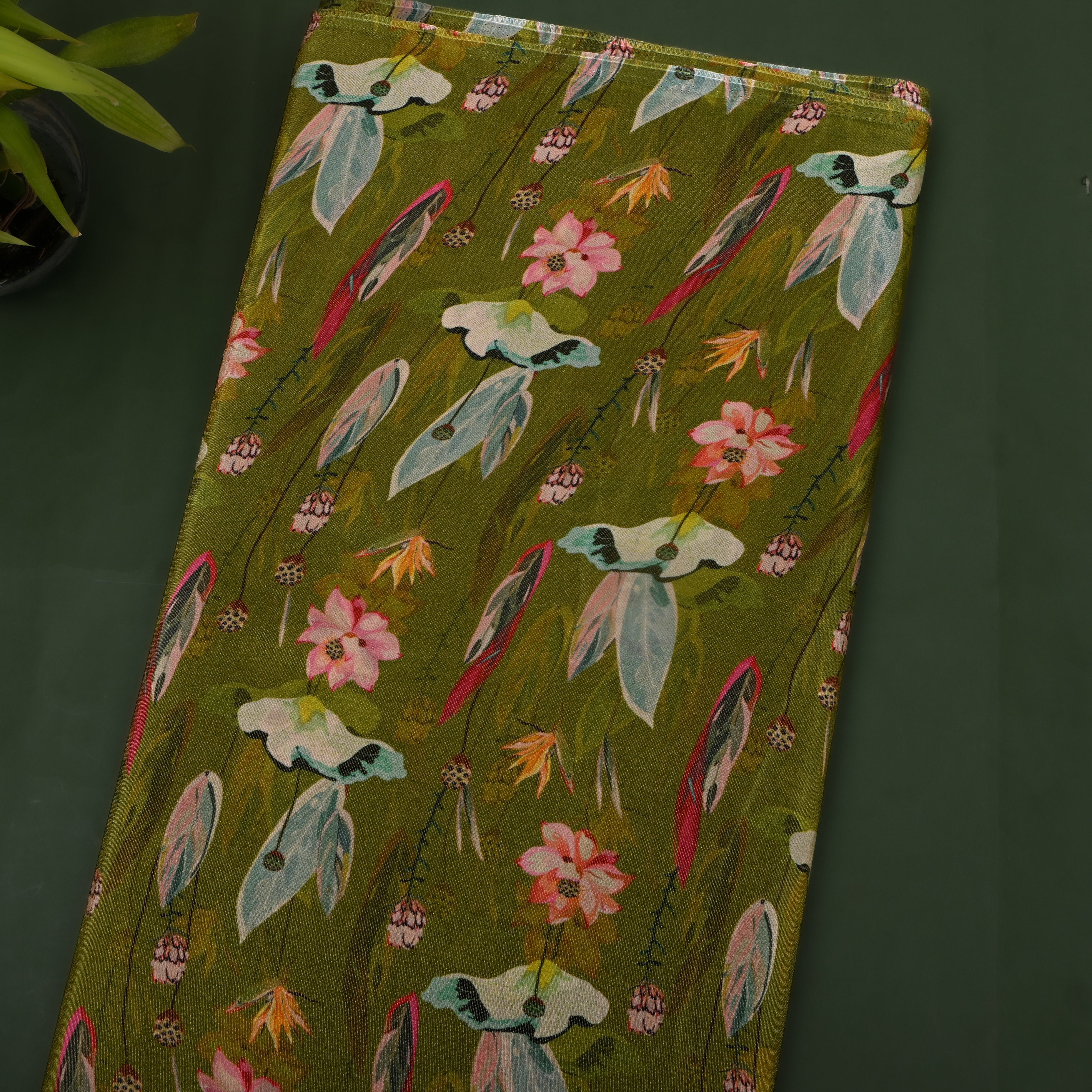 Olive Green Lotus Bird Digital Print Tissue Fabric