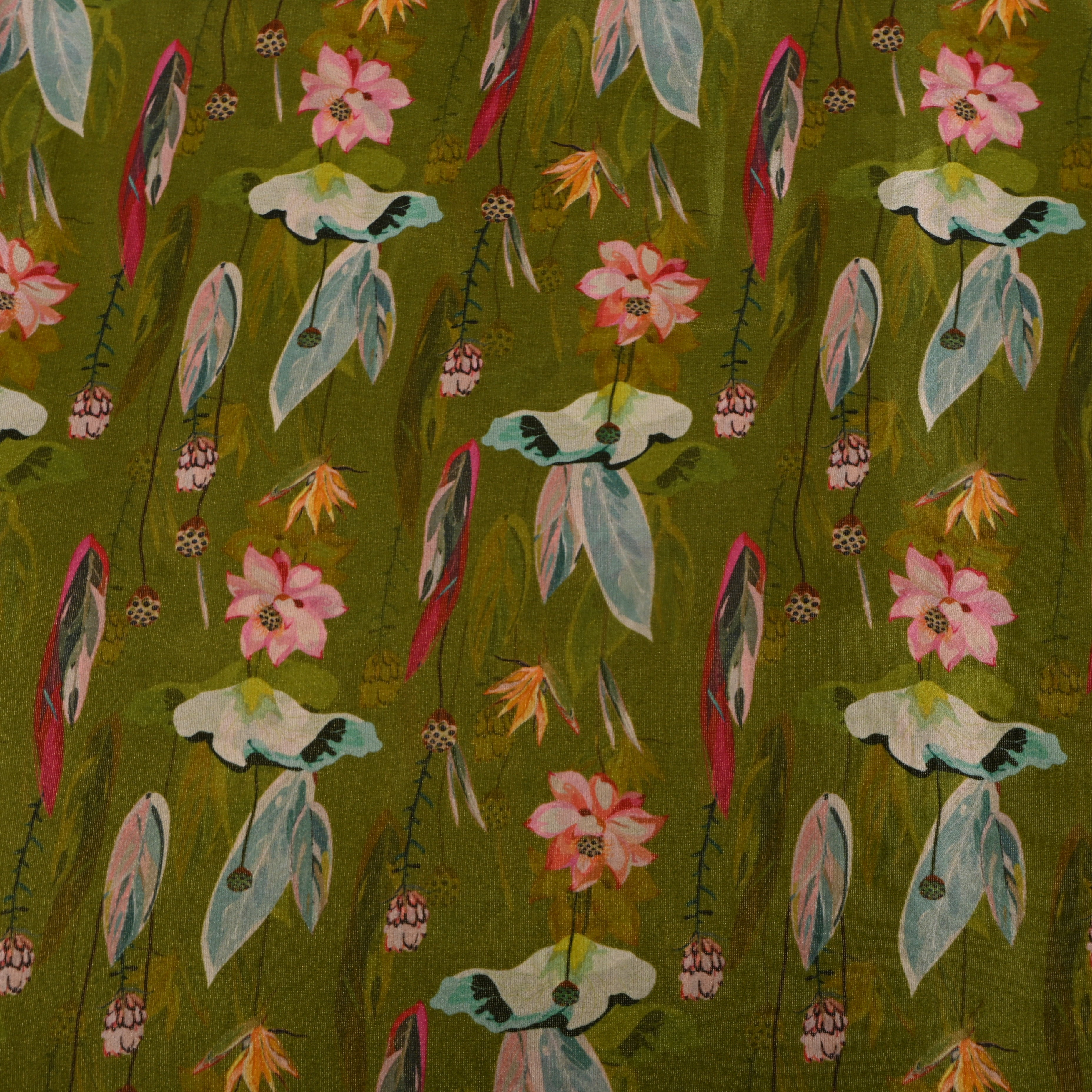 Olive Green Lotus Bird Digital Print Tissue Fabric
