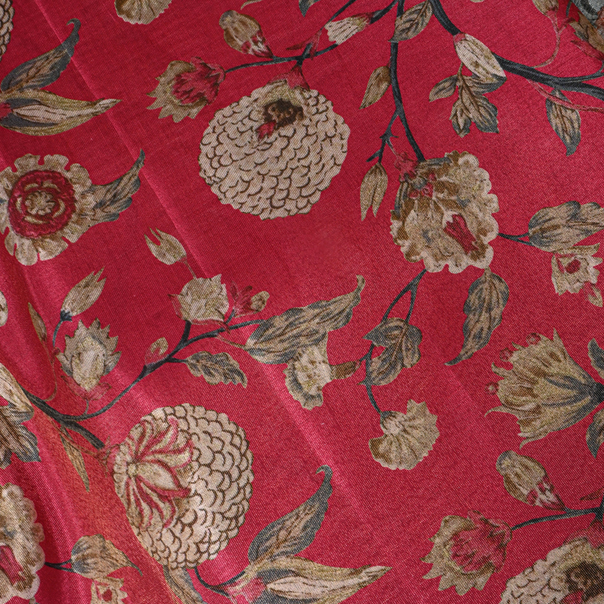Pastel Pink Botanical Printed Tissue Fabric With Gold Zari Border
